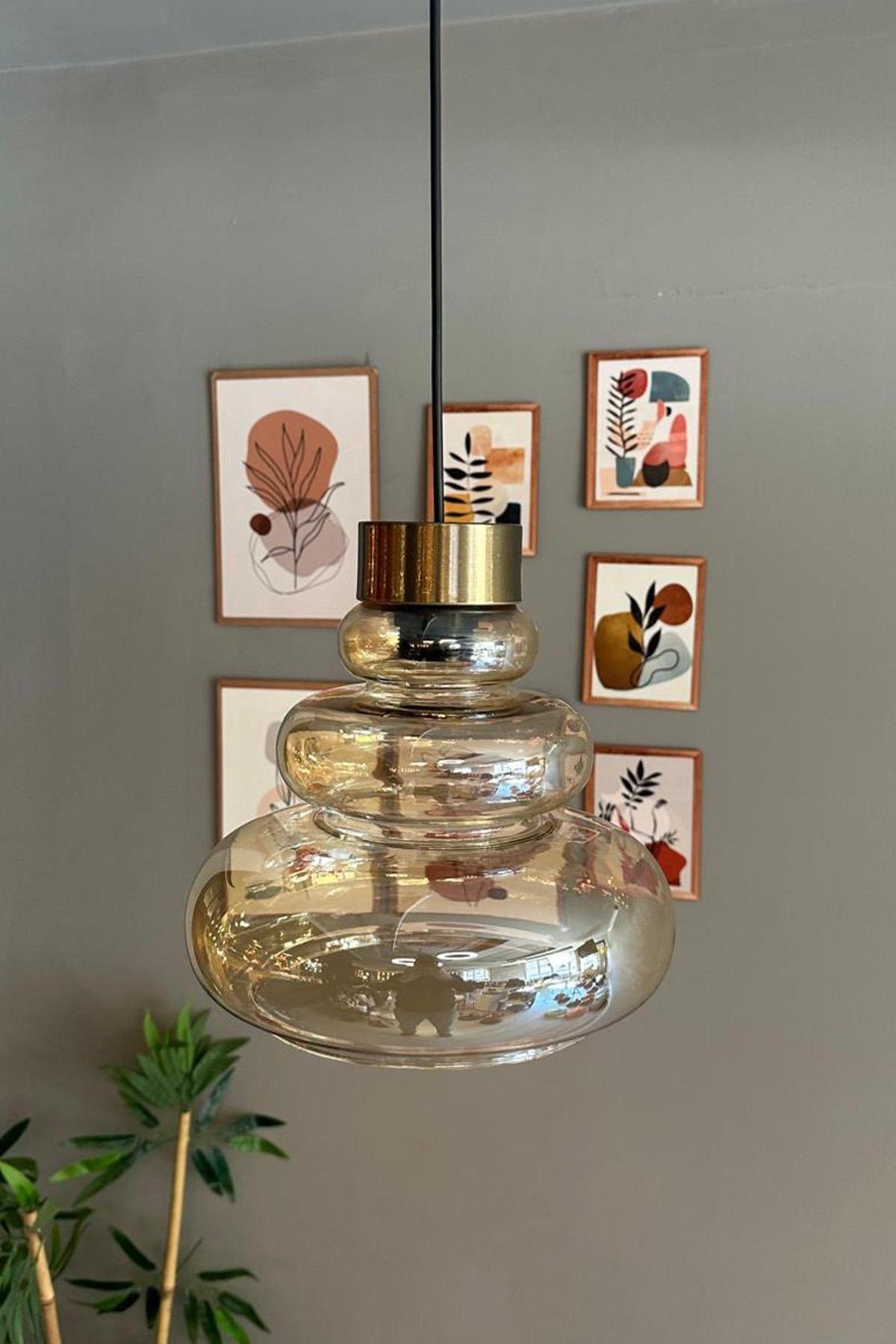 Lily Cam Bal Rengi Tekli Avize Eskitme Ince Başlık Retro Sarkıt Lamba Restoran Salon Aydınlatma