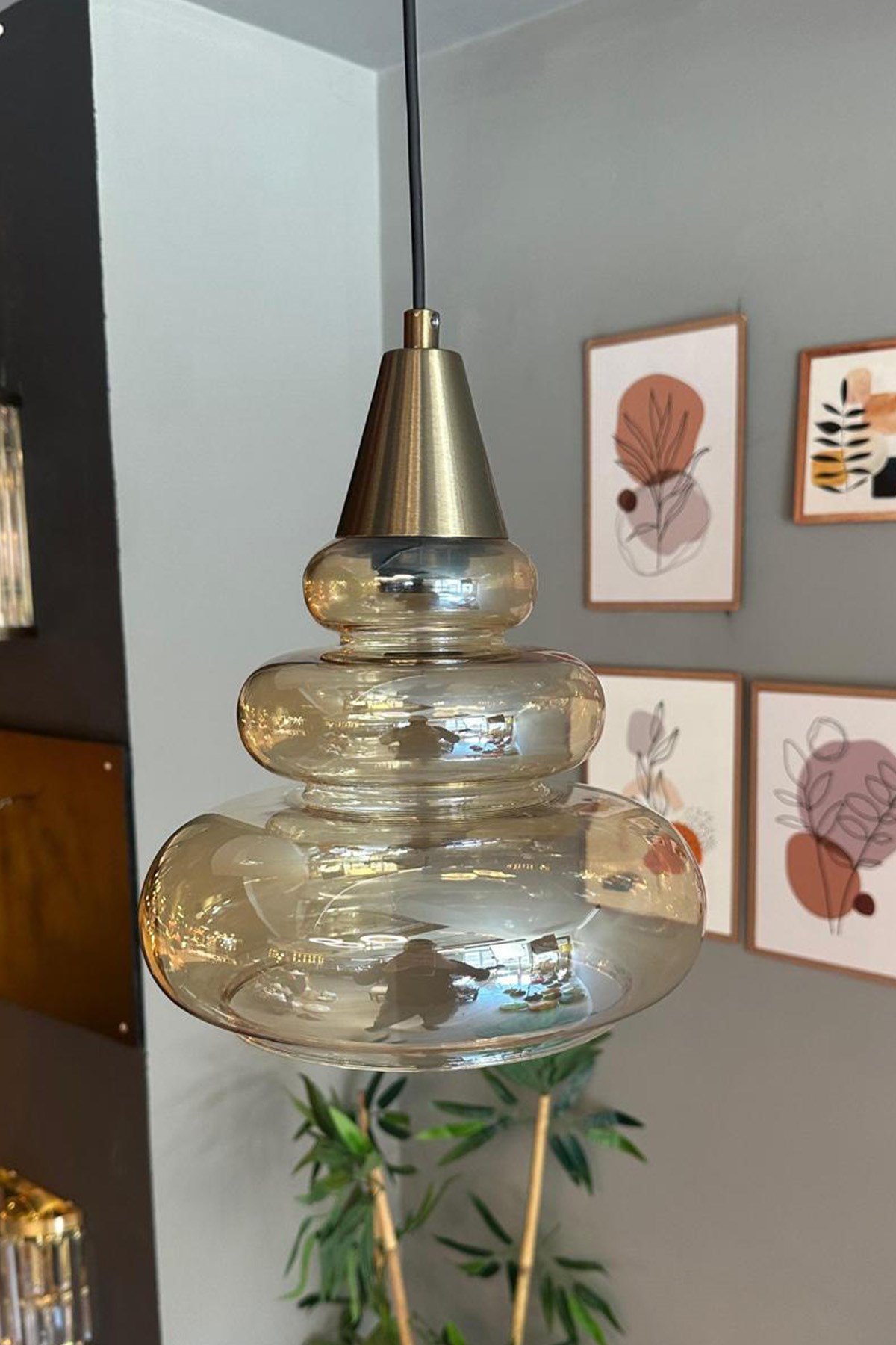 Lily Cam Bal Rengi Tekli Avize Eskitme Huni Başlık Retro Sarkıt Lamba Restoran Salon Aydınlatma