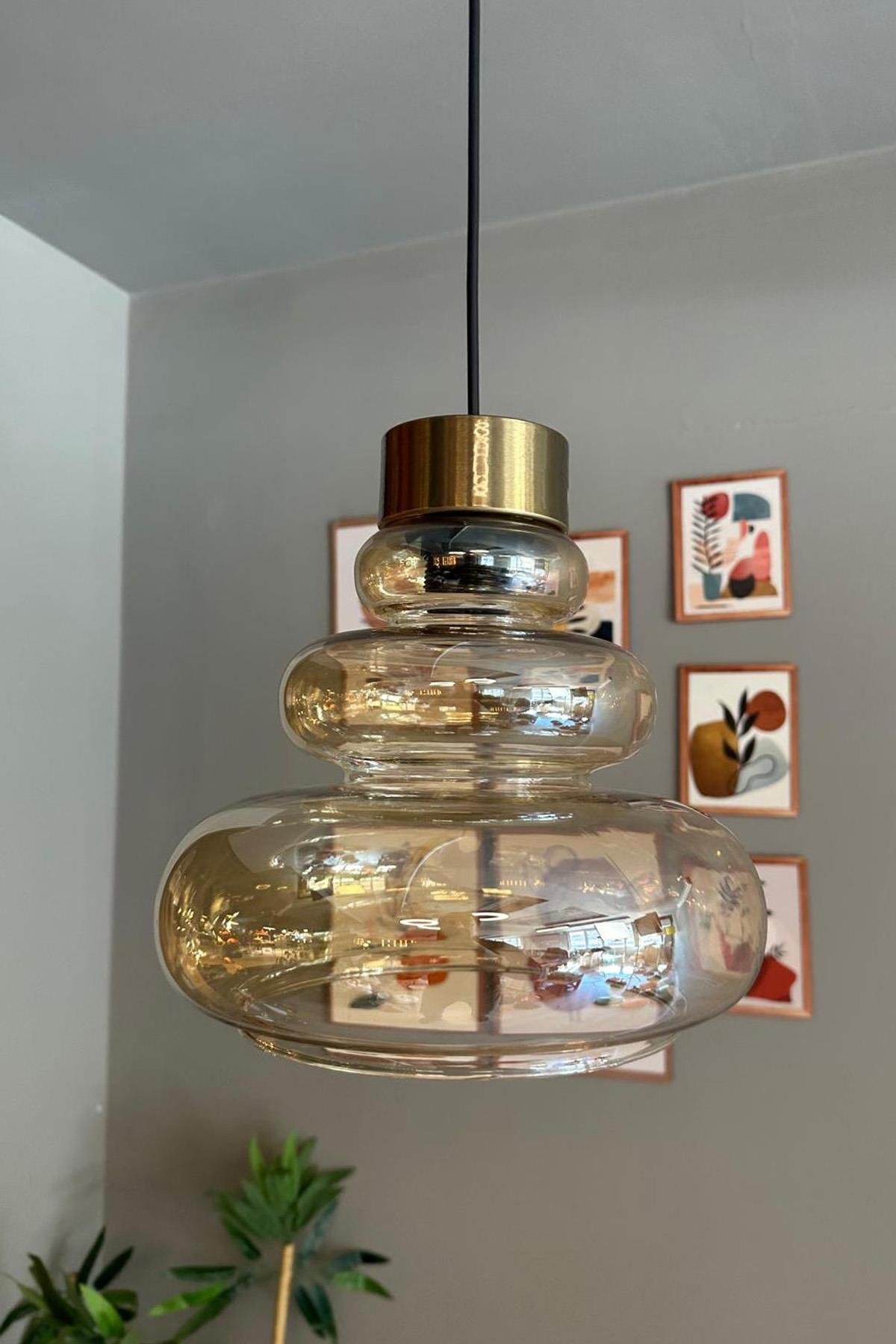 Lily Cam Bal Rengi Tekli Avize Eskitme Ince Başlık Retro Sarkıt Lamba Restoran Salon Aydınlatma