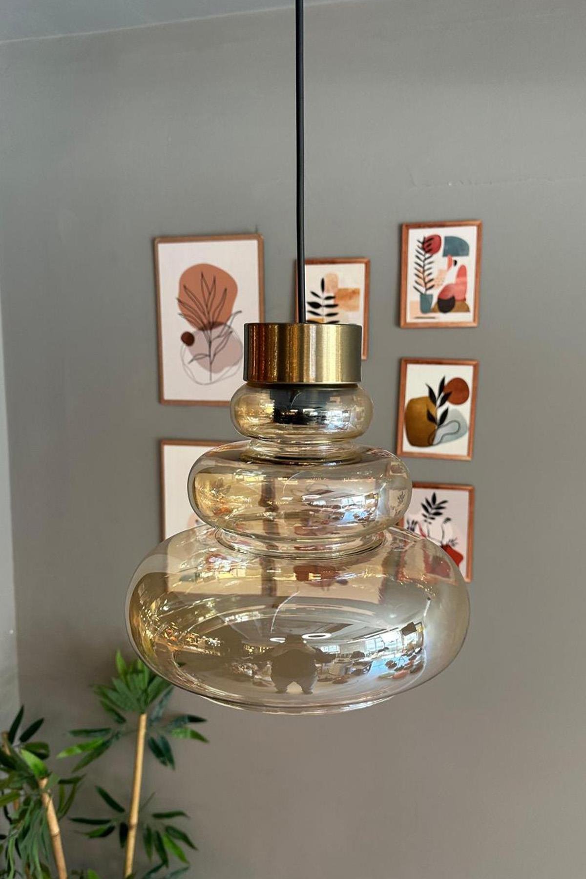 Lily Cam Bal Rengi Tekli Avize Eskitme Ince Başlık Retro Sarkıt Lamba Restoran Salon Aydınlatma