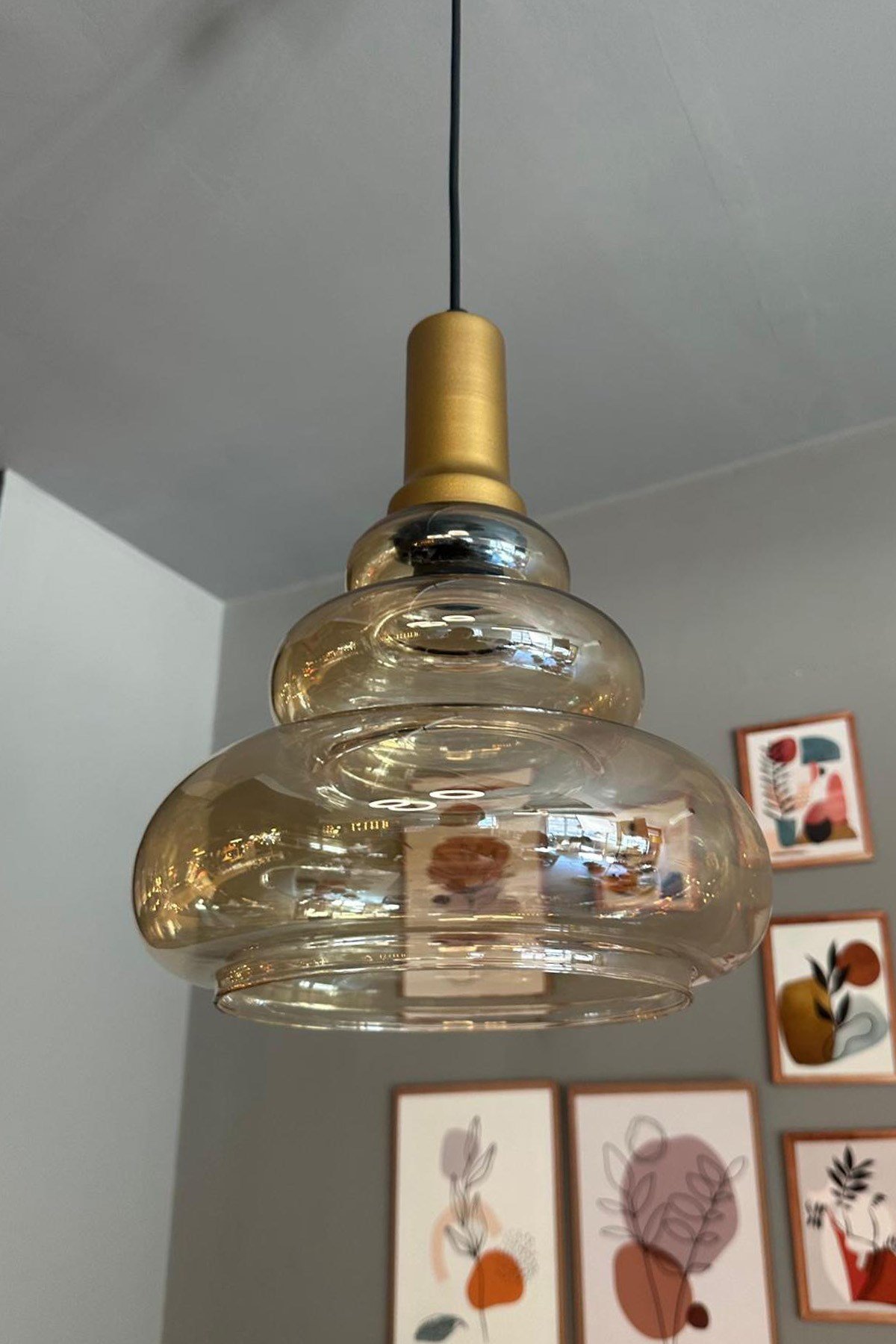 Lily Cam Bal Rengi Tekli Avize Gold Fener Başlık Retro Sarkıt Lamba Restoran Salon Aydınlatma
