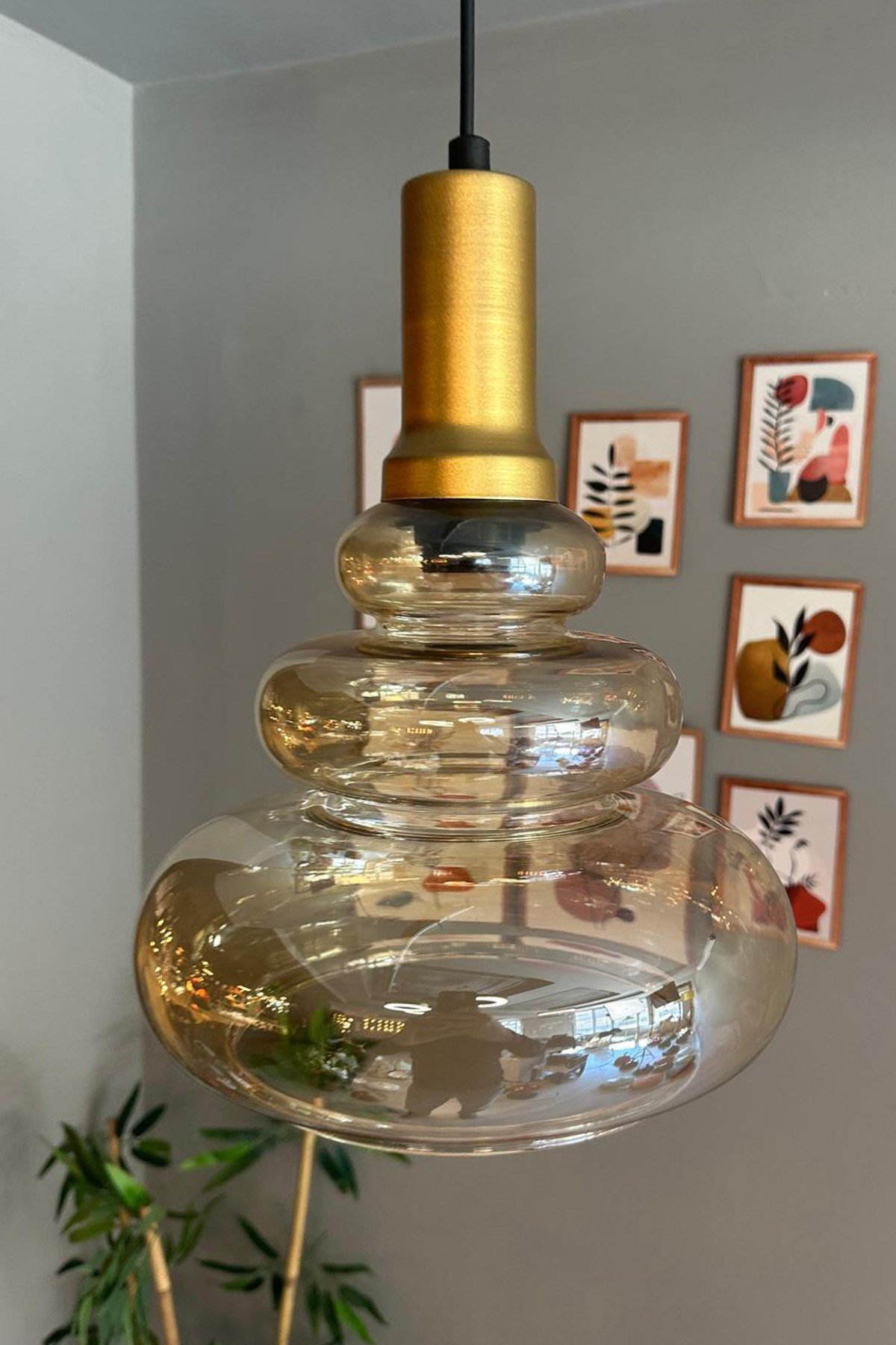 Lily Cam Bal Rengi Tekli Avize Gold Fener Başlık Retro Sarkıt Lamba Restoran Salon Aydınlatma