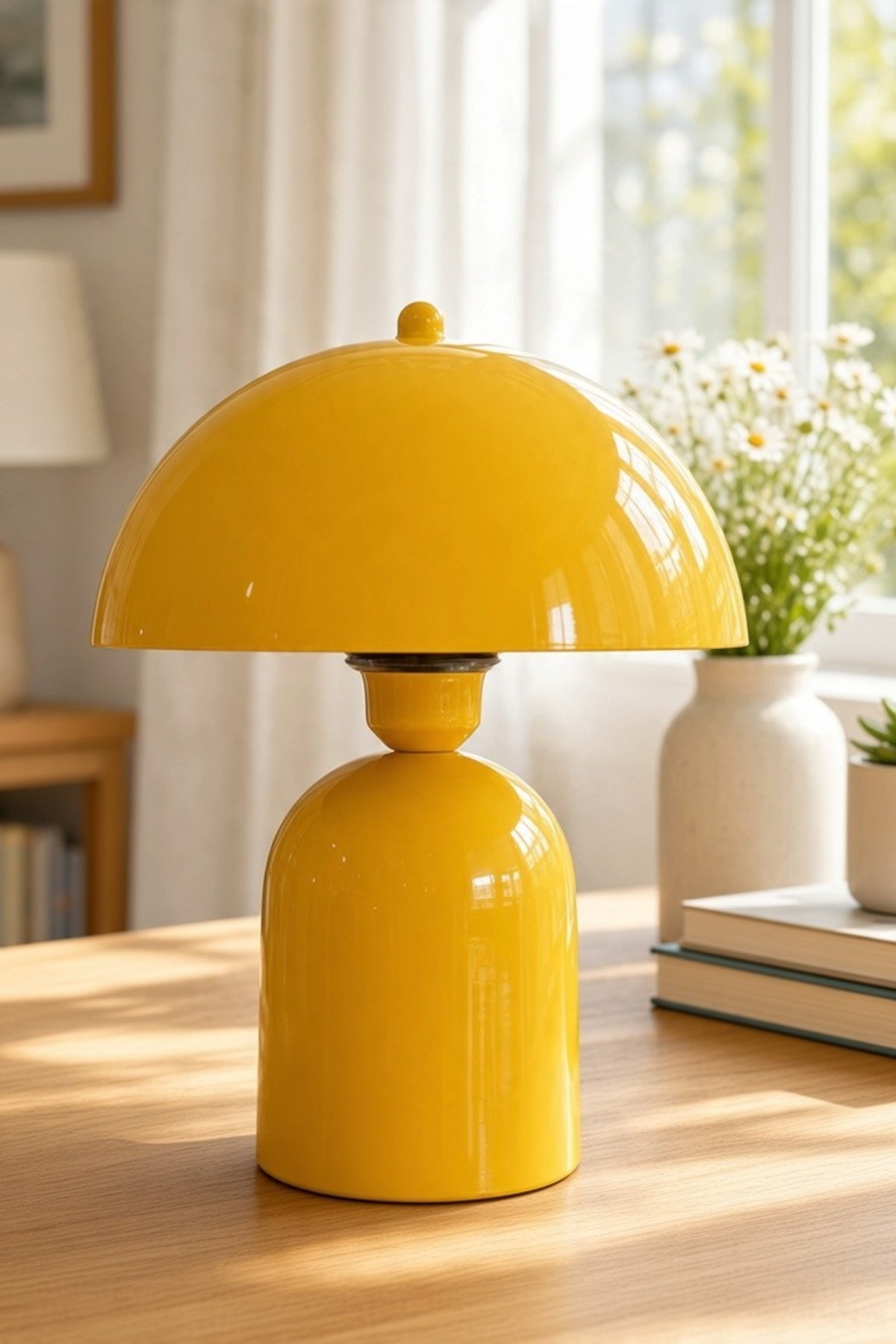Line Abajur Açık Sarı Metal Gövdeli - 25 cm Çap - Oturma Odası Yatak Odası Salon Aydınlatma Masa Lambası