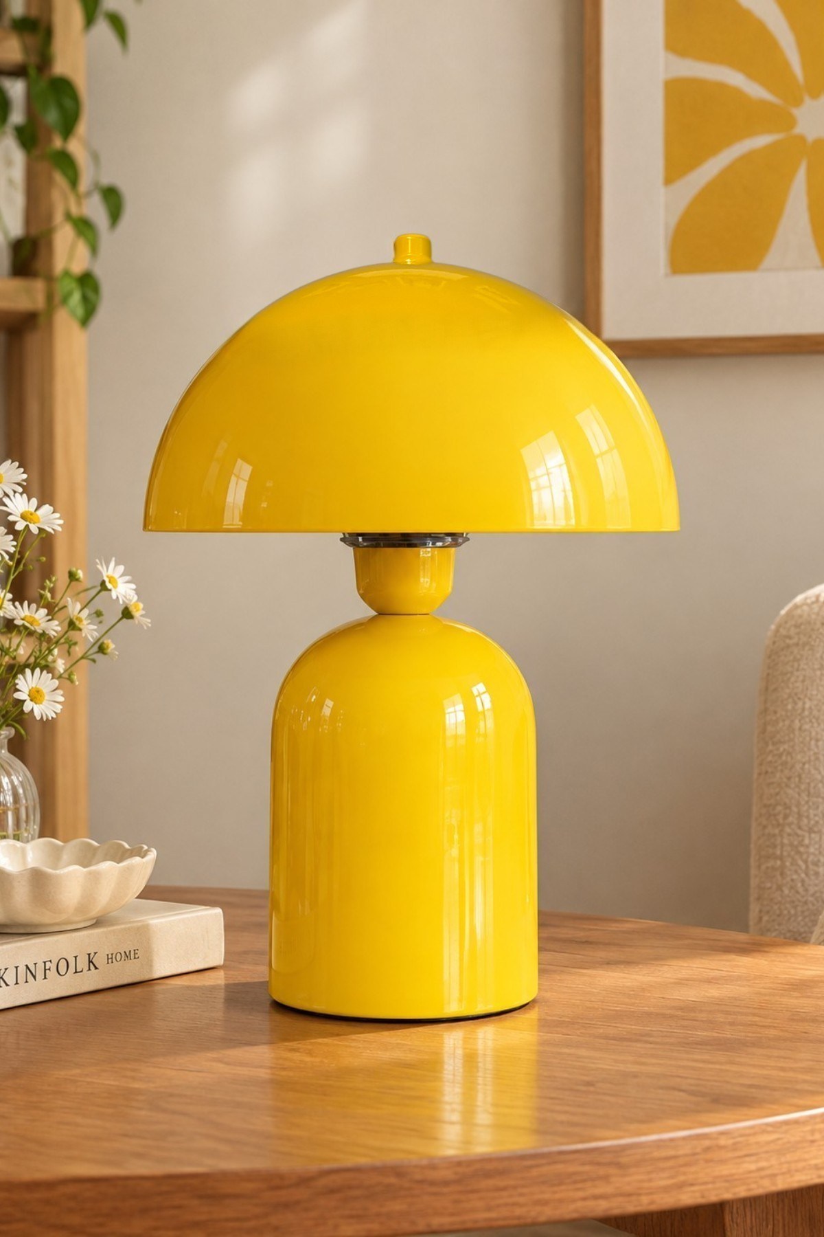 Line Abajur Açık Sarı Metal Gövdeli - 25 cm Çap - Oturma Odası Yatak Odası Salon Aydınlatma Masa Lambası