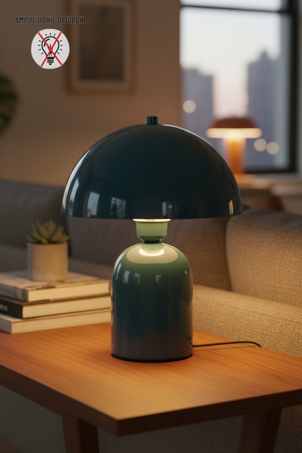 Line Abajur Deniz Yeşili Metal Gövdeli - 25 cm Çap - Oturma Odası & Yatak Odası & Salon Aydınlatma Masa Lambası Dekoratif
