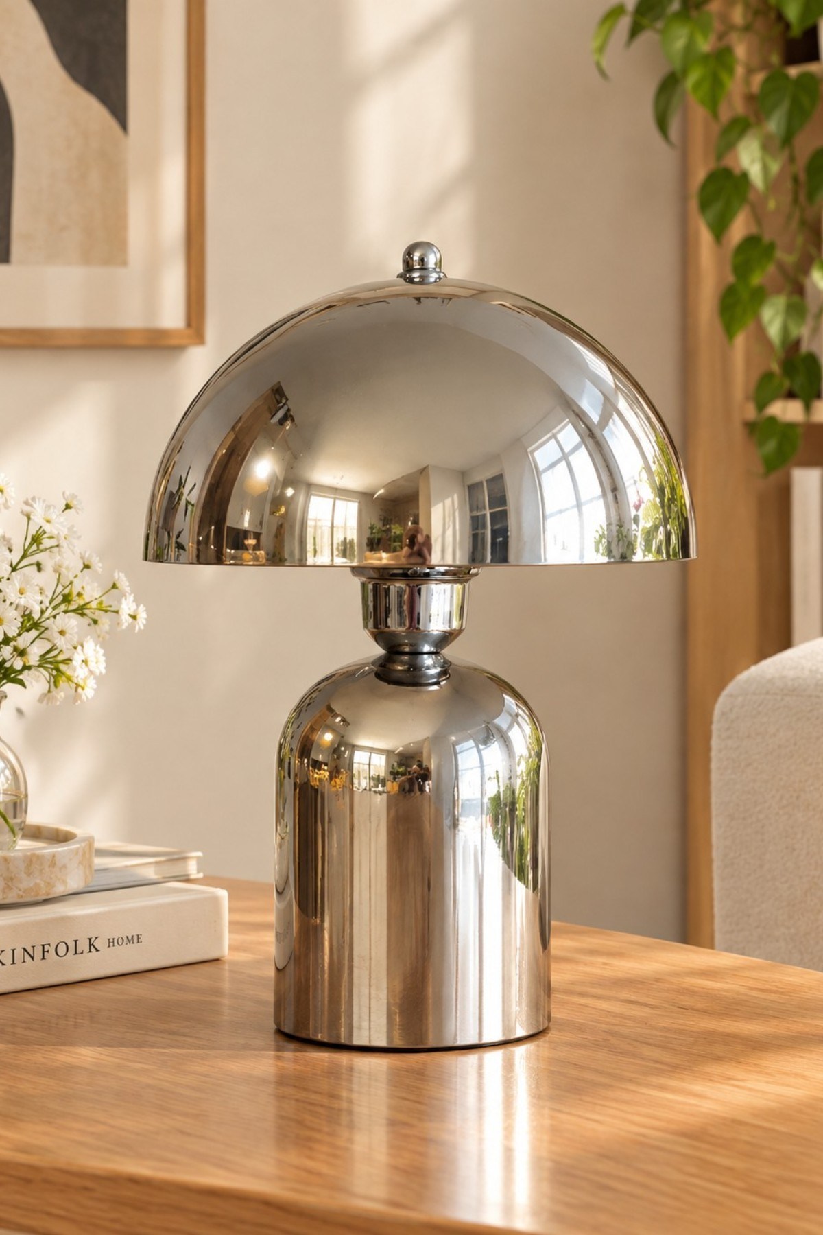 Line Abajur Krom Metal Gövdeli - 25 cm Çap - Oturma Odası Yatak Odası Salon Aydınlatma Masa Lambası