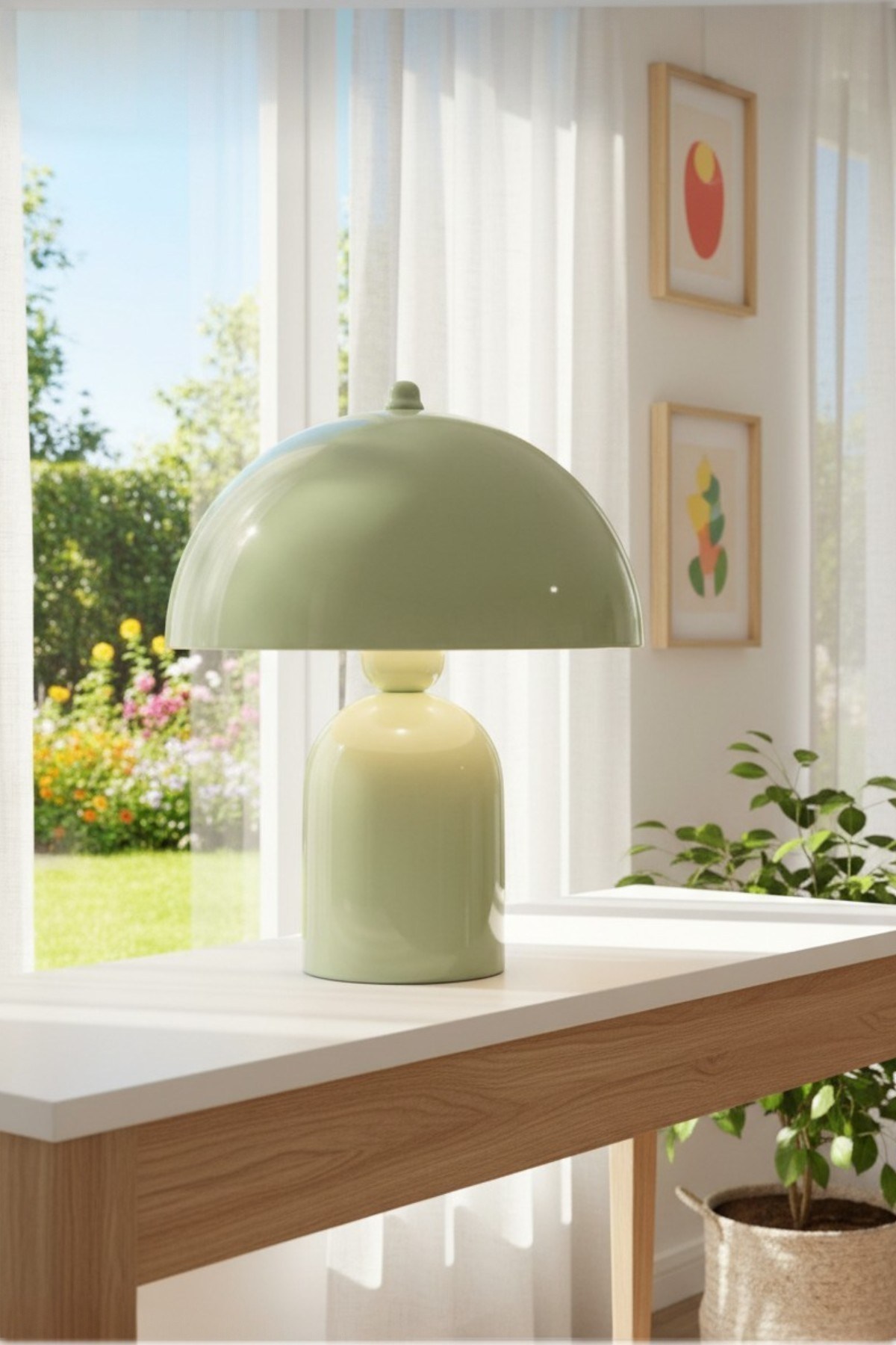 Line Abajur Mint Yeşili Metal Gövde 25 cm Çap Oturma Odası Yatak Odası Salon Aydınlatma Masa Lambası