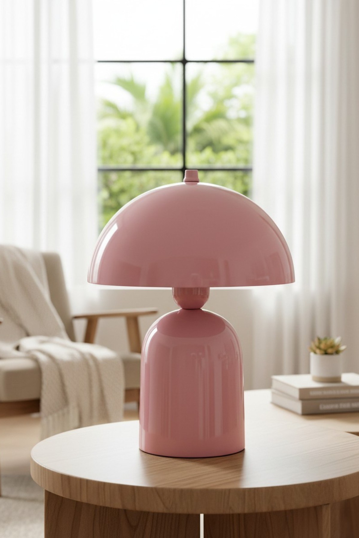 Line Abajur Pembe Metal Gövdeli - 25 cm Çap - Oturma Odası Yatak Odası Salon Aydınlatma Masa Lambası