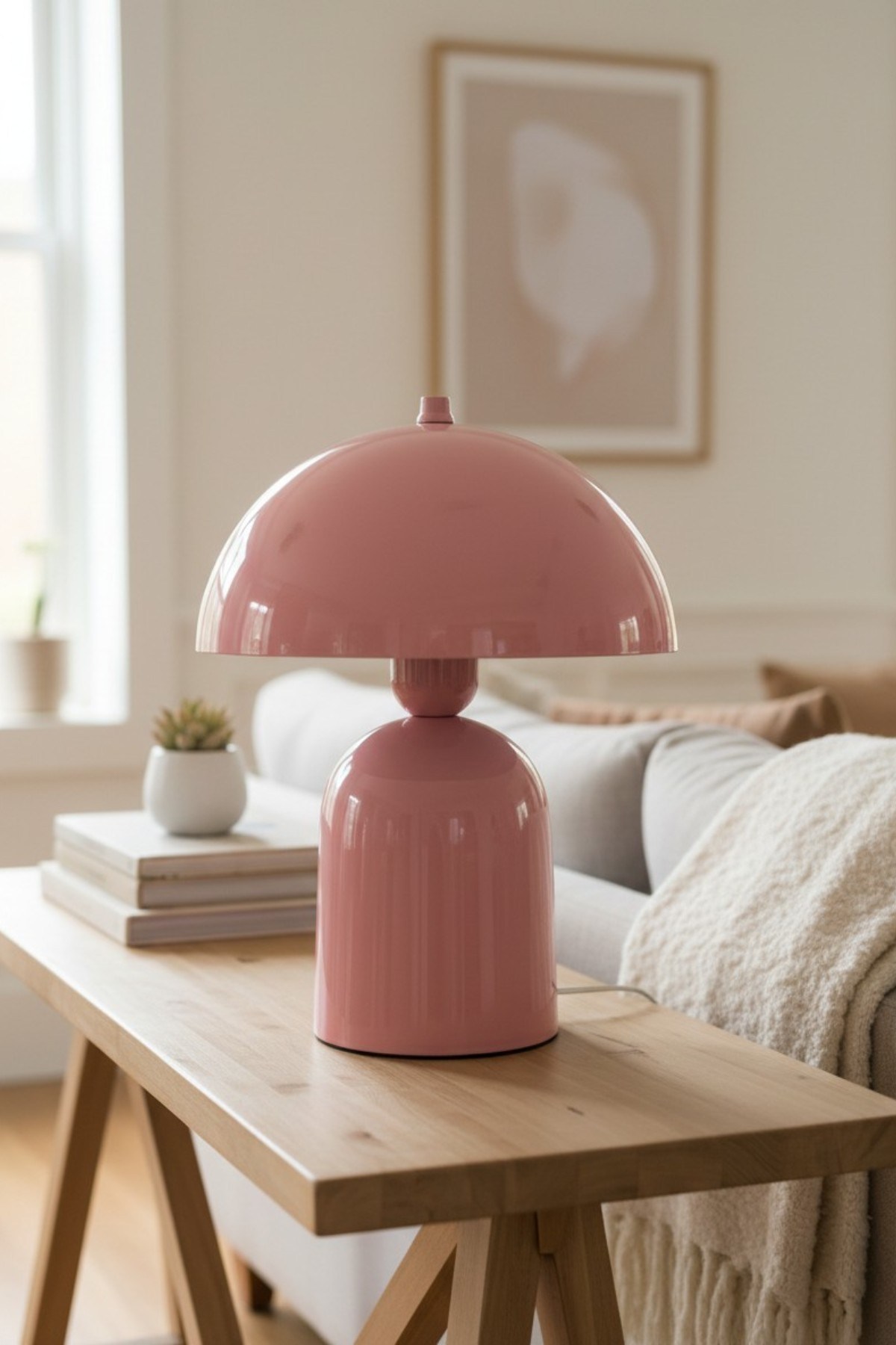 Line Abajur Pembe Metal Gövdeli - 25 cm Çap - Oturma Odası Yatak Odası Salon Aydınlatma Masa Lambası