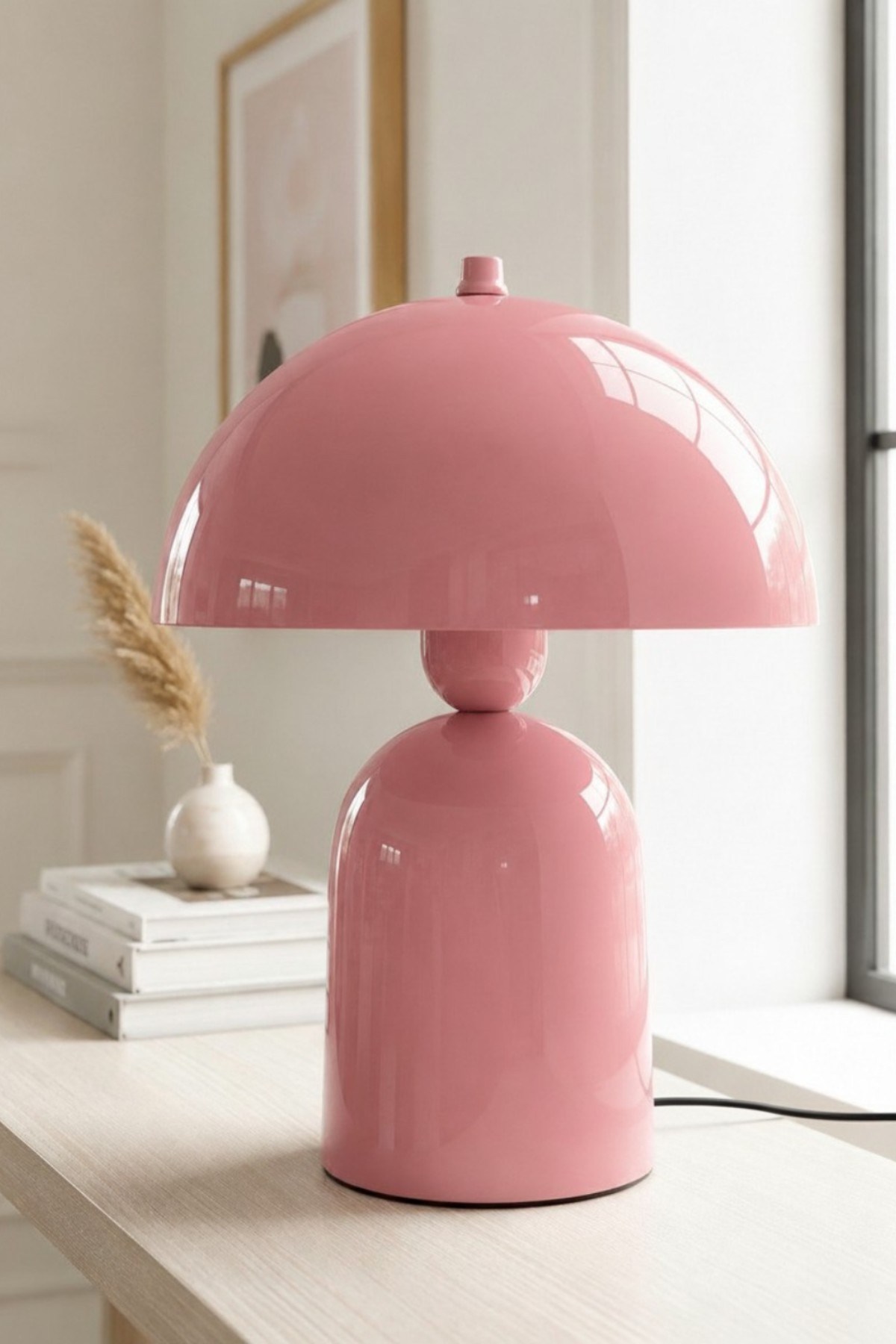 Line Abajur Pembe Metal Gövdeli - 25 cm Çap - Oturma Odası Yatak Odası Salon Aydınlatma Masa Lambası