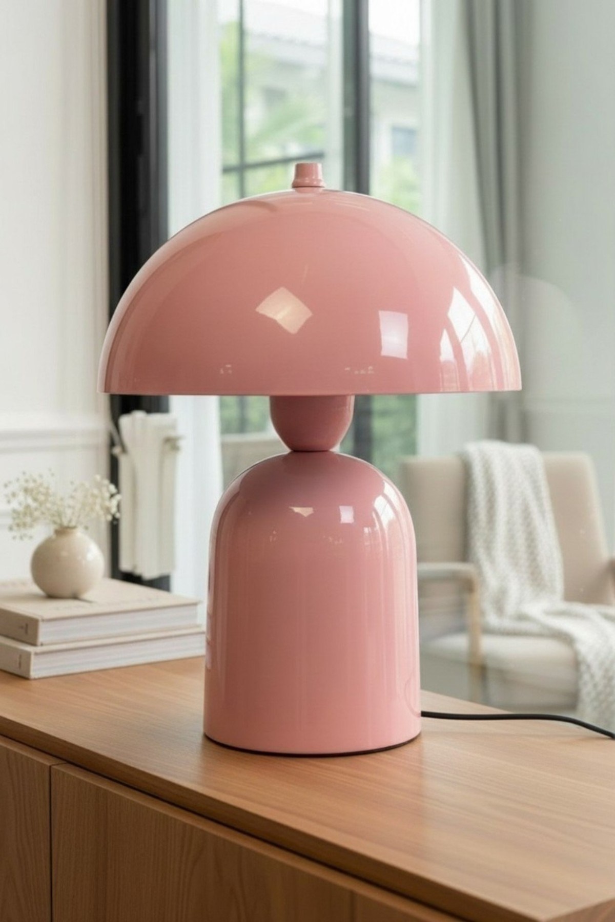 Line Abajur Pembe Metal Gövdeli - 25 cm Çap - Oturma Odası Yatak Odası Salon Aydınlatma Masa Lambası