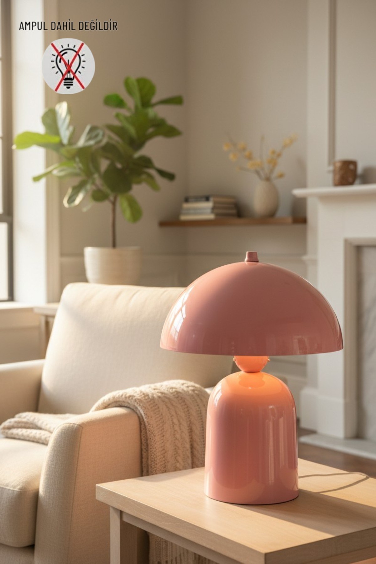 Line Abajur Pembe Metal Gövdeli - 25 cm Çap - Oturma Odası Yatak Odası Salon Aydınlatma Masa Lambası