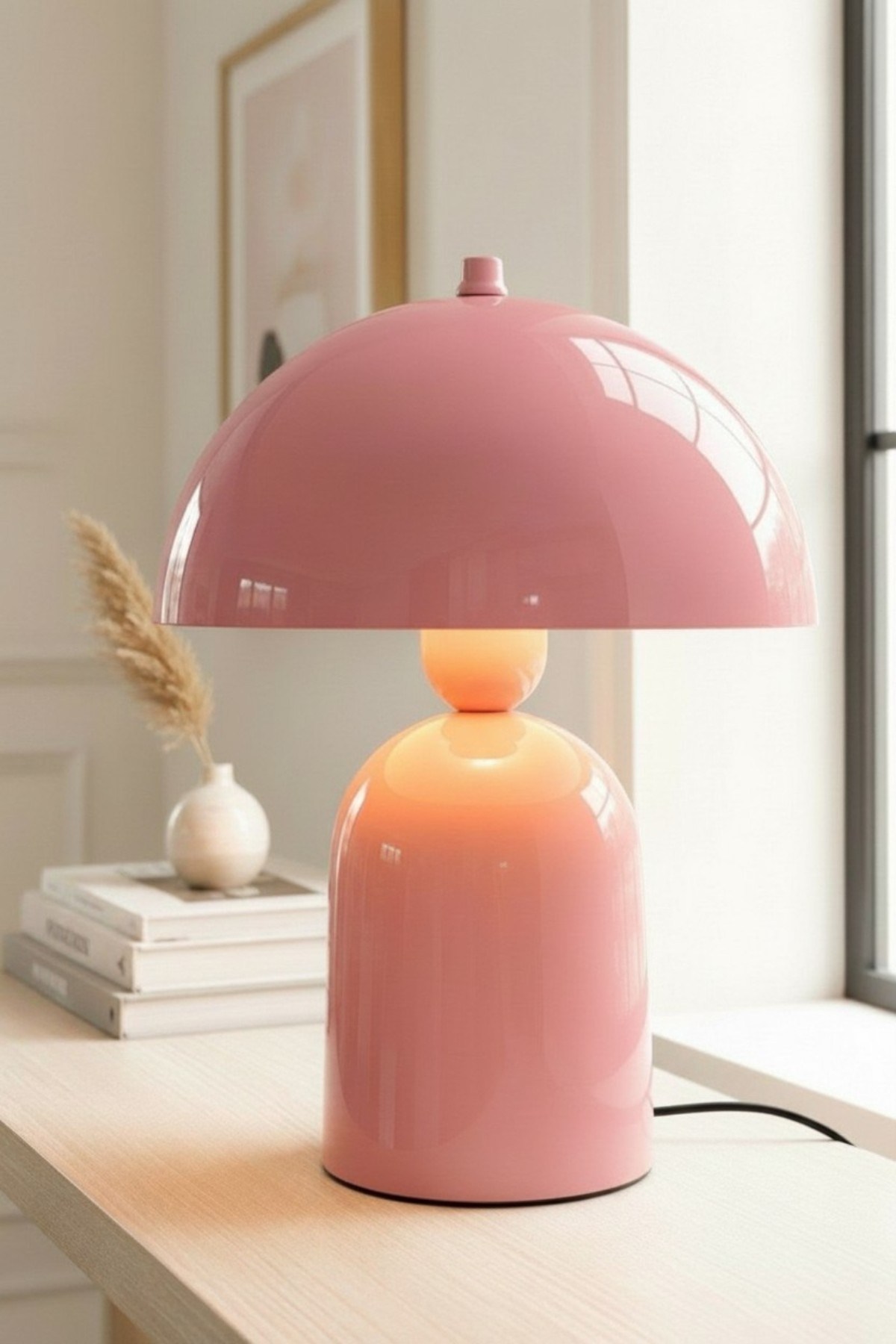Line Abajur Pembe Metal Gövdeli - 25 cm Çap - Oturma Odası Yatak Odası Salon Aydınlatma Masa Lambası