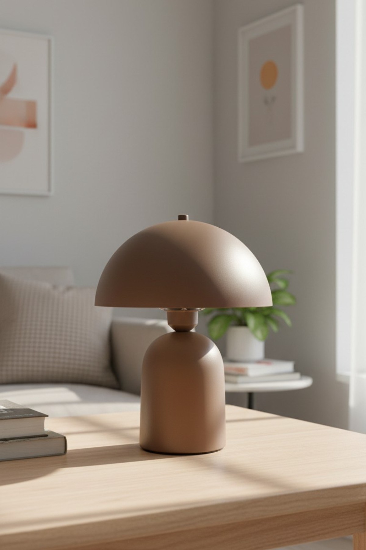 Line Abajur Sütlü Kahve Metal Gövdeli - 25 cm Çap - Oturma Odası & Yatak Odası & Salon Aydınlatma Masa Lambası Dekoratif