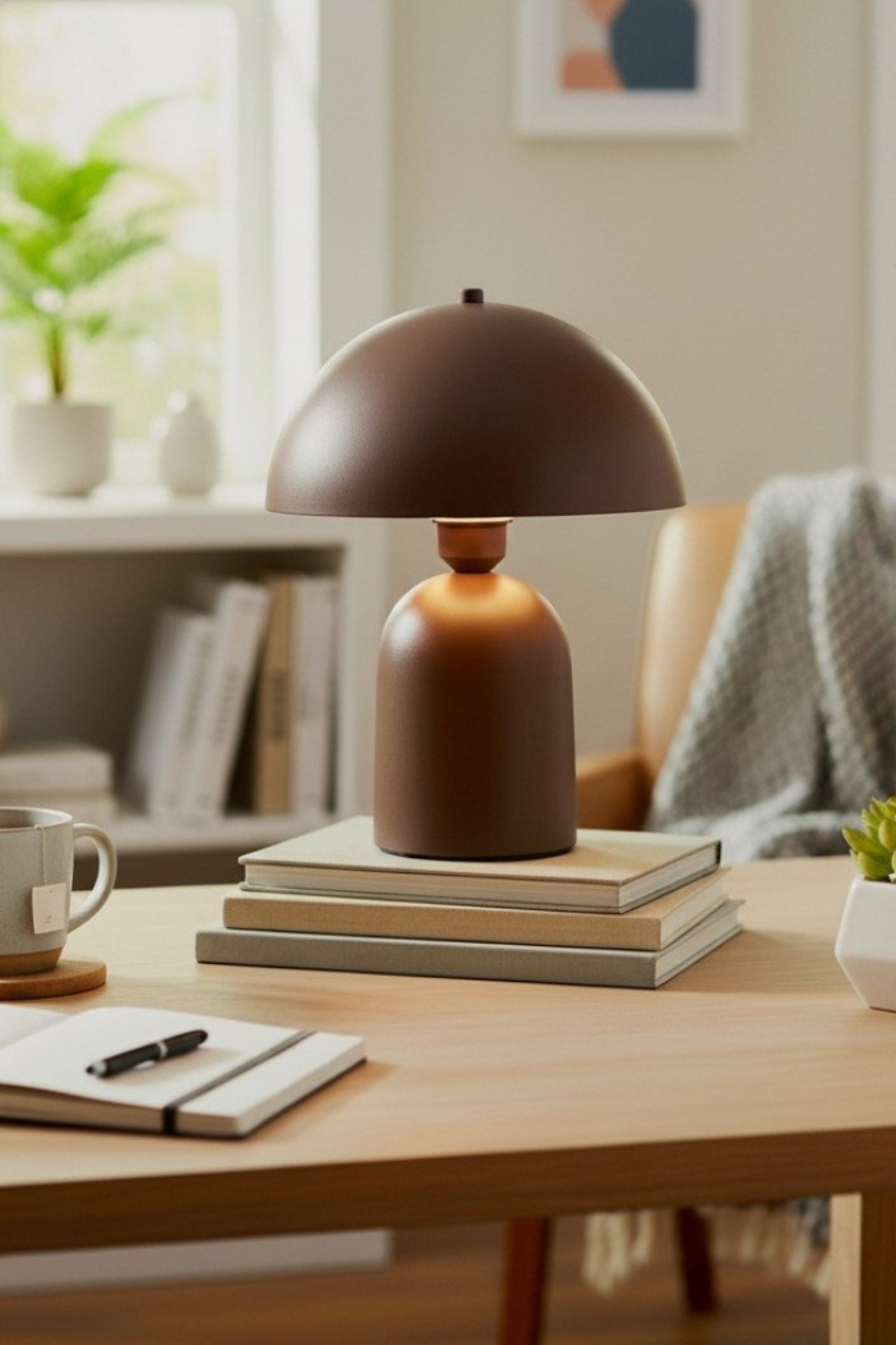Line Abajur Sütlü Kahve Metal Gövdeli - 25 cm Çap - Oturma Odası & Yatak Odası & Salon Aydınlatma Masa Lambası Dekoratif