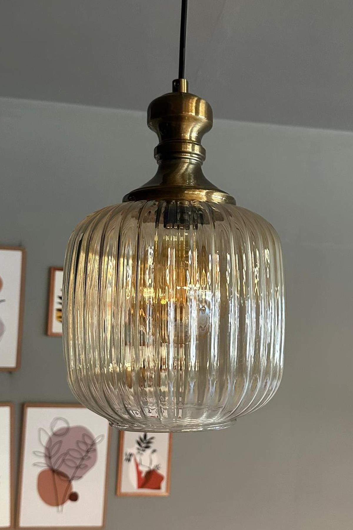 Lumina Cam Bal Rengi Tekli Avize Knob Tokmak Başlık Retro Sarkıt Lamba Restoran Salon Aydınlatma