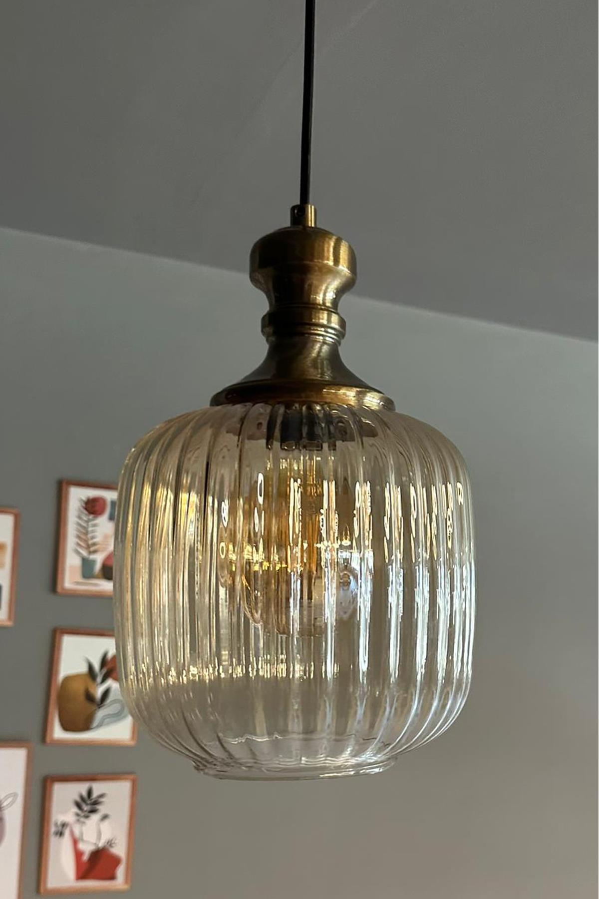 Lumina Cam Bal Rengi Tekli Avize Knob Tokmak Başlık Retro Sarkıt Lamba Restoran Salon Aydınlatma
