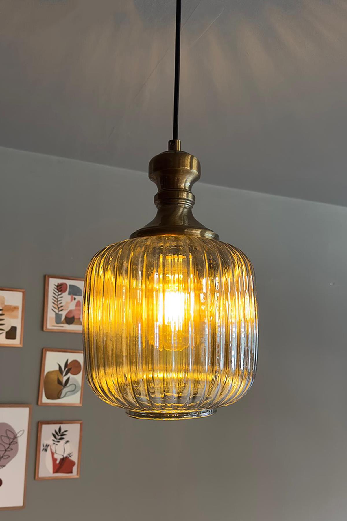Lumina Cam Bal Rengi Tekli Avize Knob Tokmak Başlık Retro Sarkıt Lamba Restoran Salon Aydınlatma