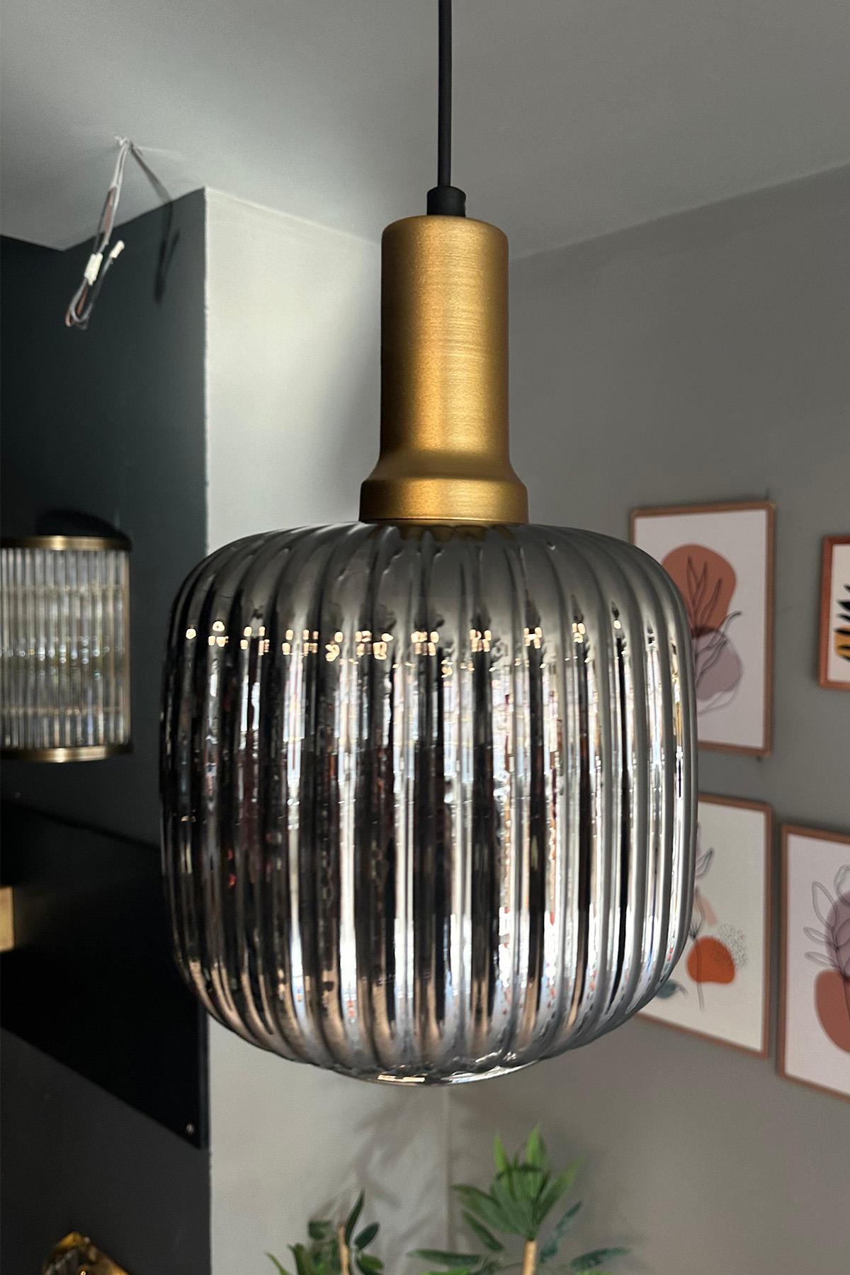 Mopa Cam Füme Tekli Avize Gold Fener Başlık Retro Sarkıt Lamba Restoran Salon Aydınlatma