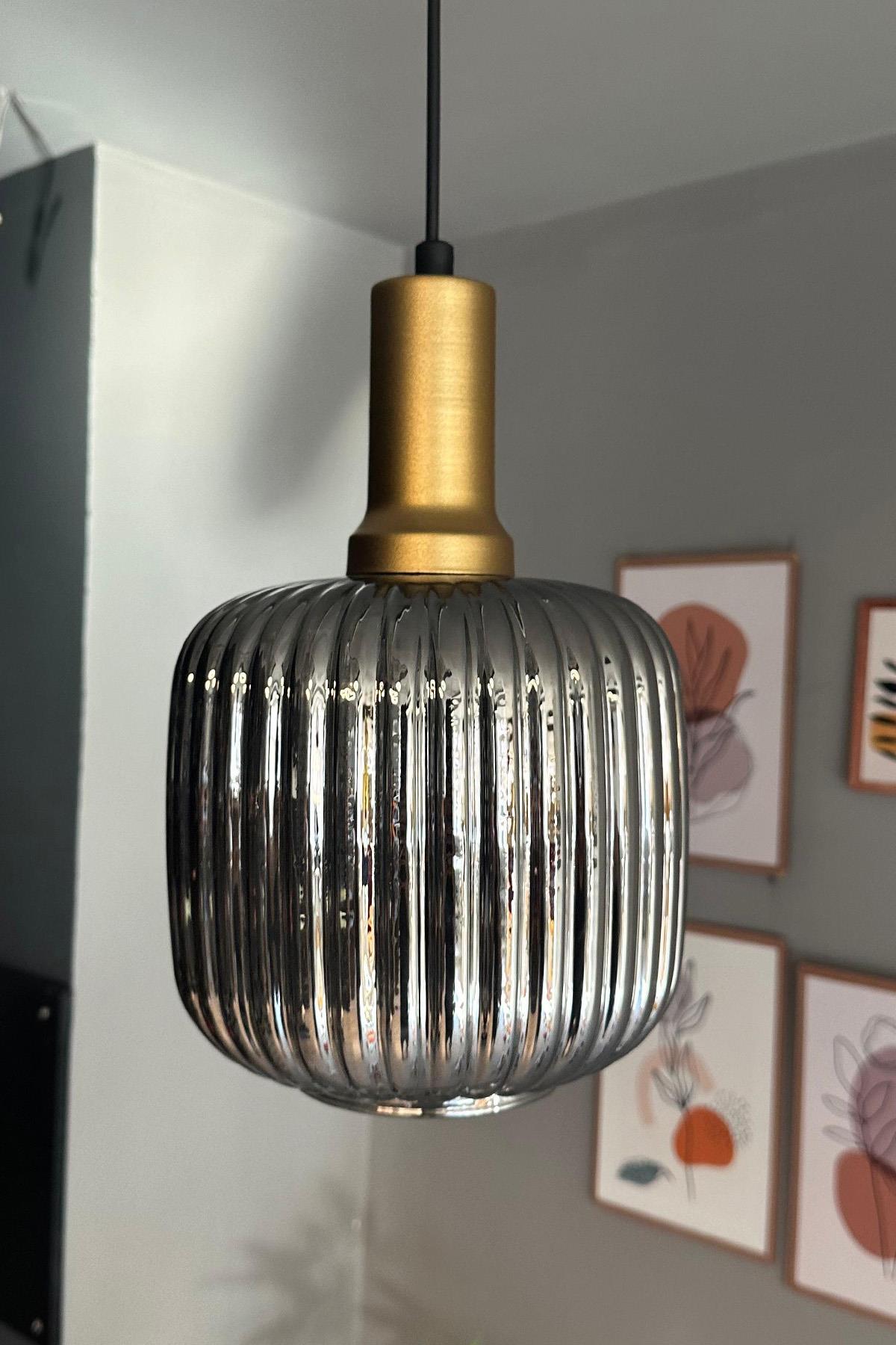 Mopa Cam Füme Tekli Avize Gold Fener Başlık Retro Sarkıt Lamba Restoran Salon Aydınlatma