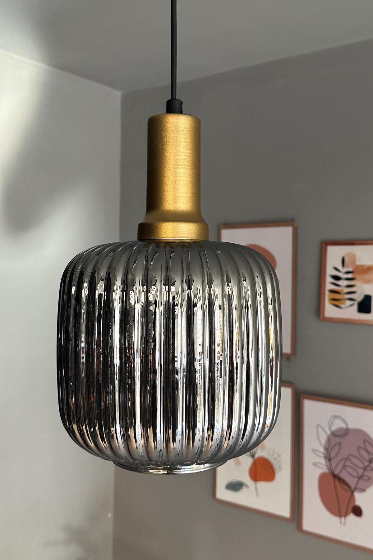 Mopa Cam Füme Tekli Avize Gold Fener Başlık Retro Sarkıt Lamba Restoran Salon Aydınlatma