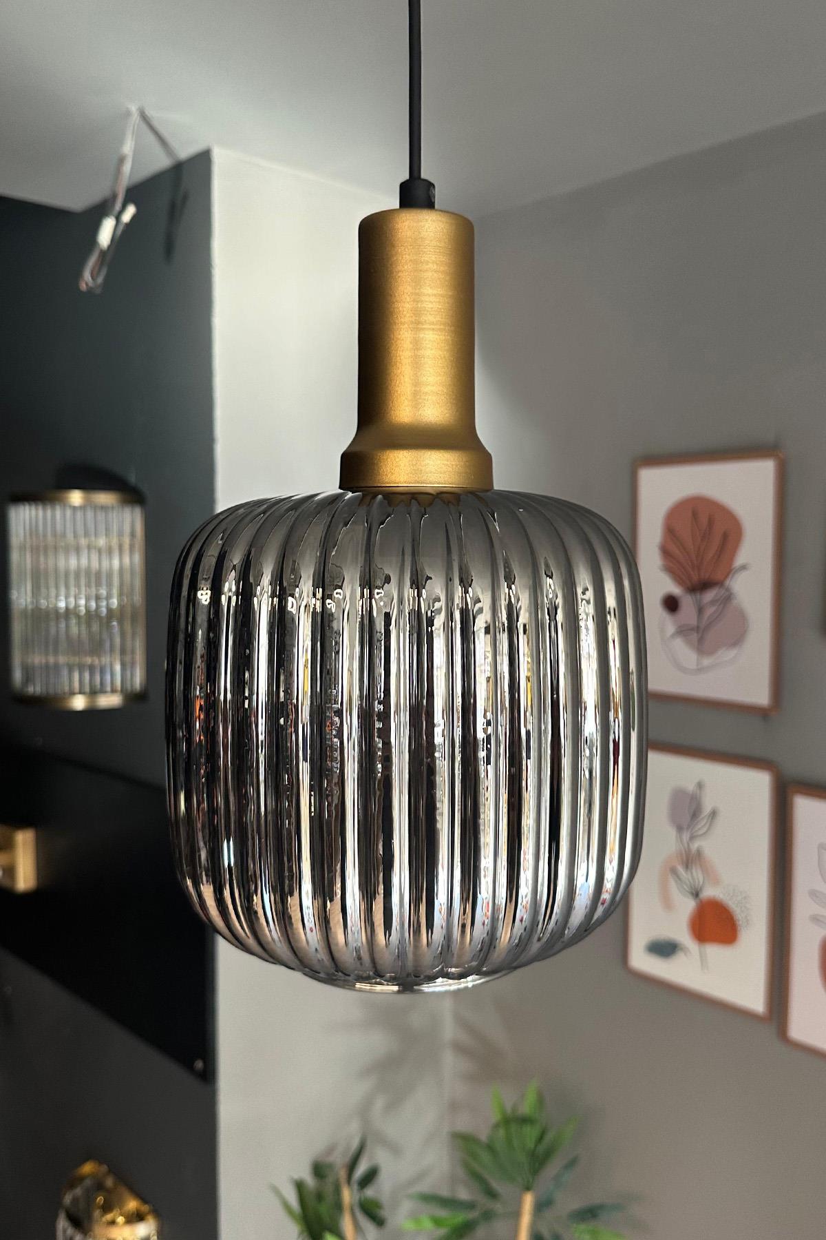 Mopa Cam Füme Tekli Avize Gold Fener Başlık Retro Sarkıt Lamba Restoran Salon Aydınlatma