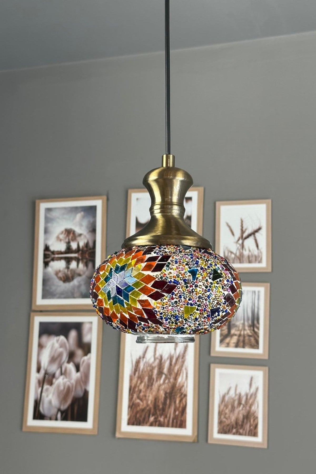 Noura Mozaik-F Cam Tekli Avize Eskitme Tokmak Başlık Retro Sarkıt Lamba Salon Aydınlatma