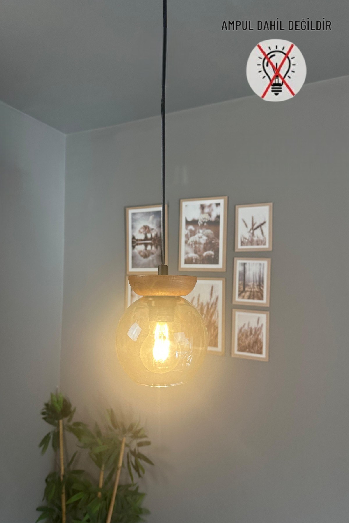 Oria Bal Rengi Cam Tekli Avize Ahşap Tabak Başlık Retro Sarkıt Lamba Salon Aydınlatma