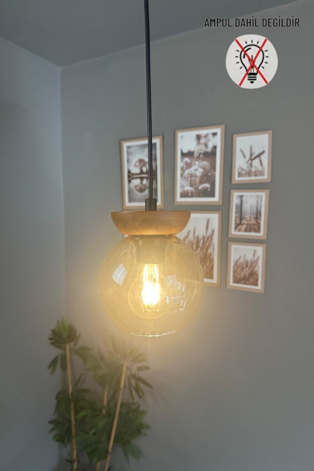 Oria Bal Rengi Cam Tekli Avize Ahşap Tabak Başlık Retro Sarkıt Lamba Salon Aydınlatma