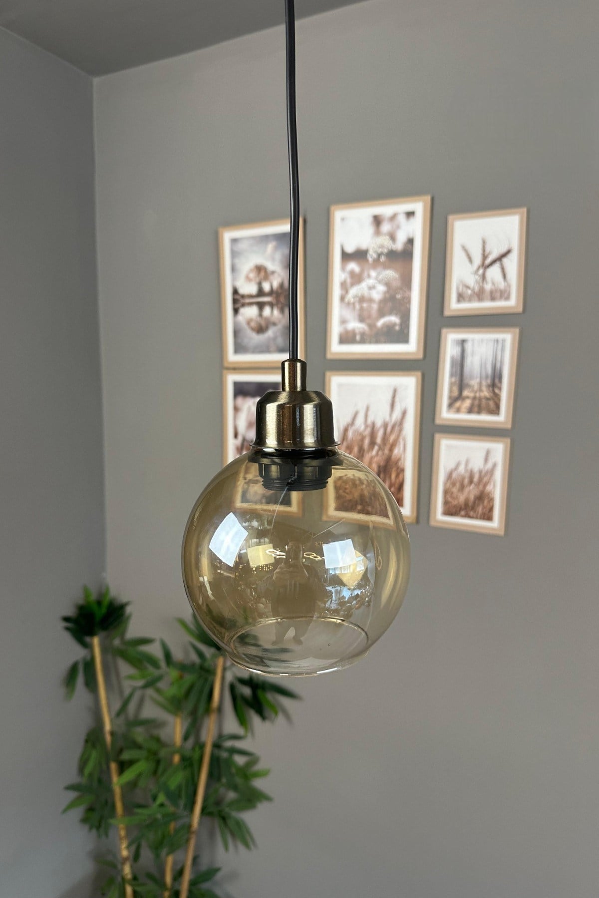 Oria Bal Rengi Cam Tekli Avize Eskitme Yarım Lale Başlık Retro Sarkıt Lamba Salon Aydınlatma