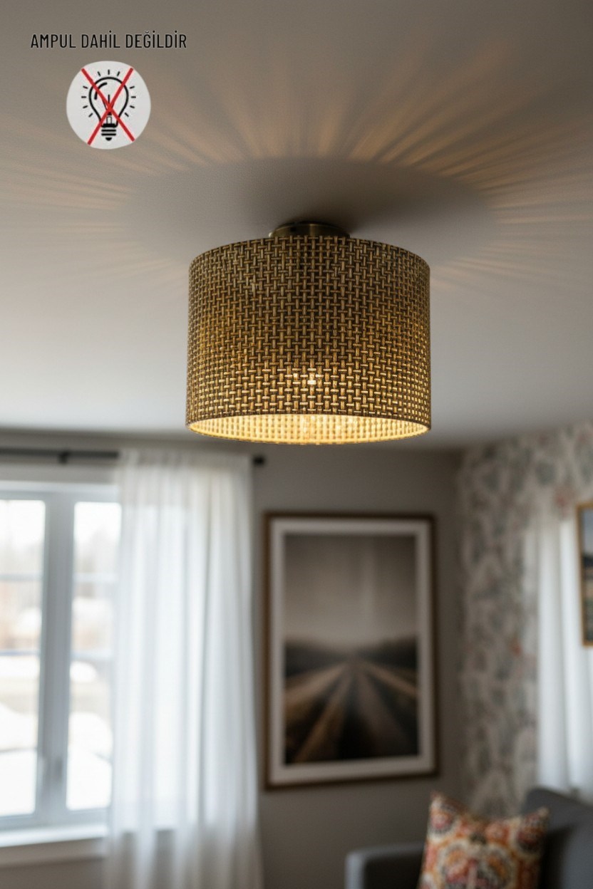 Ratta Hasır Dokulu Sütlü Kahve Plafonyer Tekli Avize Rustik Modern Aydınlatma Tavana Yapışık Sıfır
