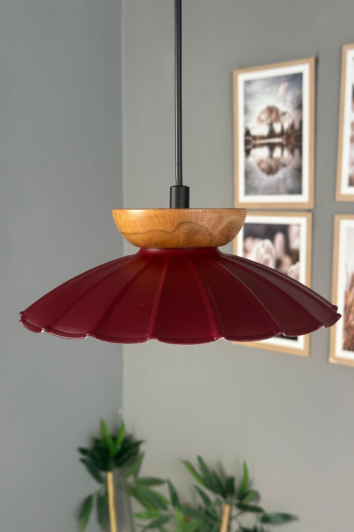 Risso Vişne Çürüğü Ahşap Tabak Tekli Metal Avize Cafe Mutfak Modern Dekoratif Sarkıt Aydınlatma