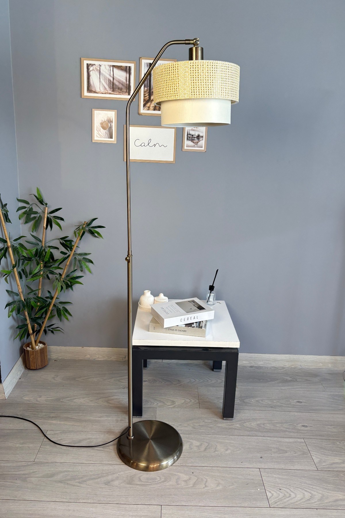 Solenne Hasır Dokulu Bej Eskitme Bükük Gövde Lambader Hareketli Başlık Modern Metal Oturma Odası Çalışma Odası