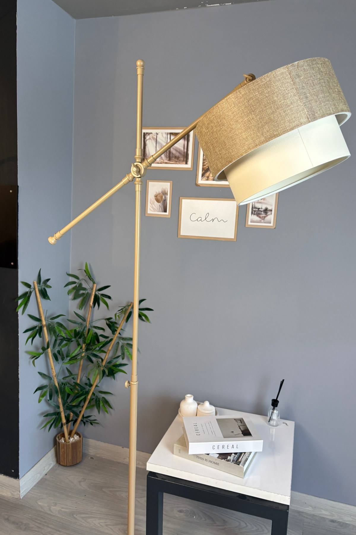 Solenne Koyu Bej Kumaş Dokulu Bej Makas Gövde Lambader Hareketli Başlık Modern Metal Oturma Odası Çalışma Odası