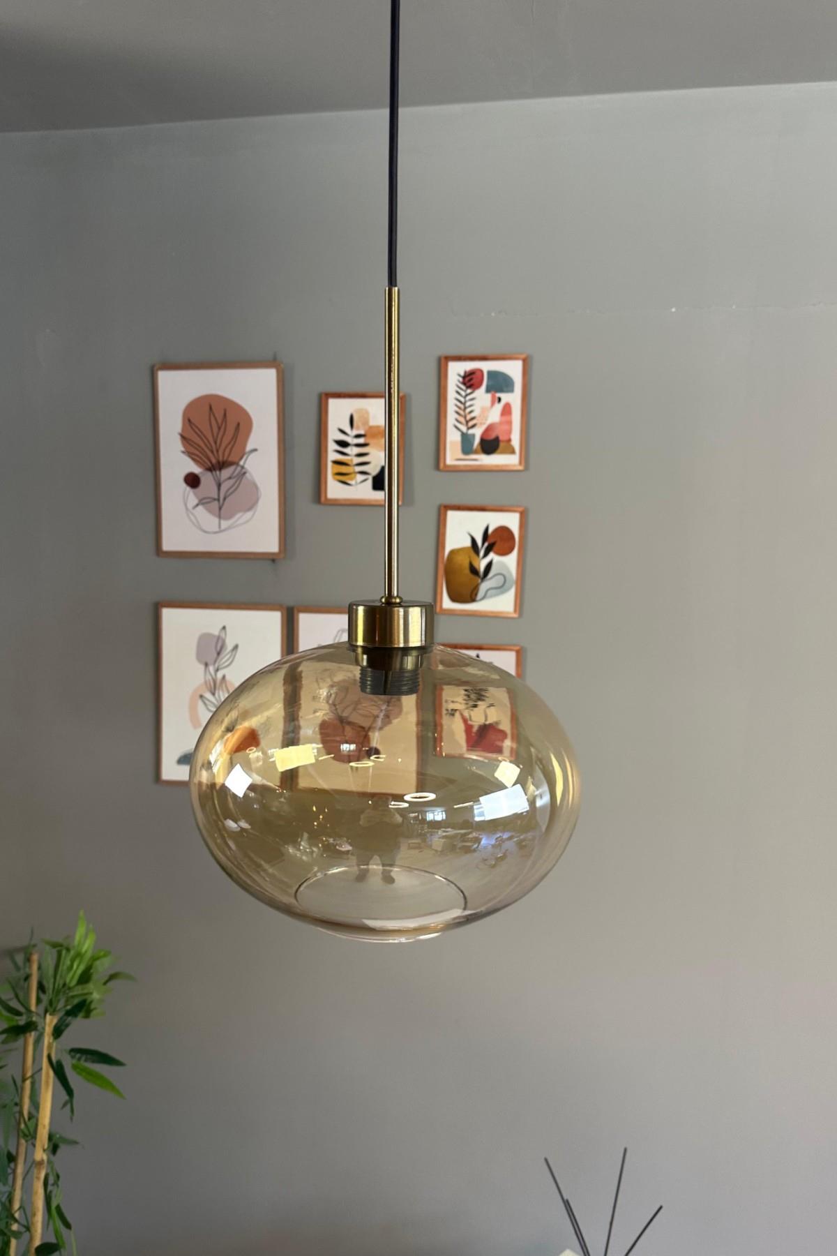 Solvia Cam Bal Rengi Tekli Avize İnce Eskitme Başlık Retro Sarkıt Lamba Salon Aydınlatma