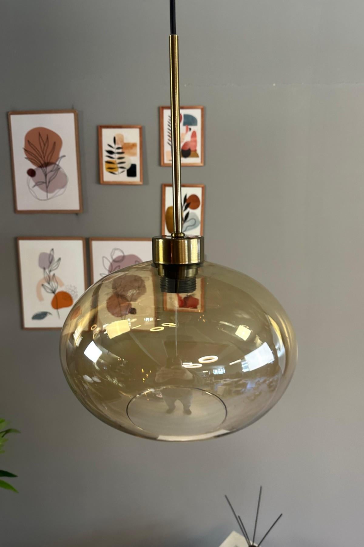 Solvia Cam Bal Rengi Tekli Avize İnce Eskitme Başlık Retro Sarkıt Lamba Salon Aydınlatma
