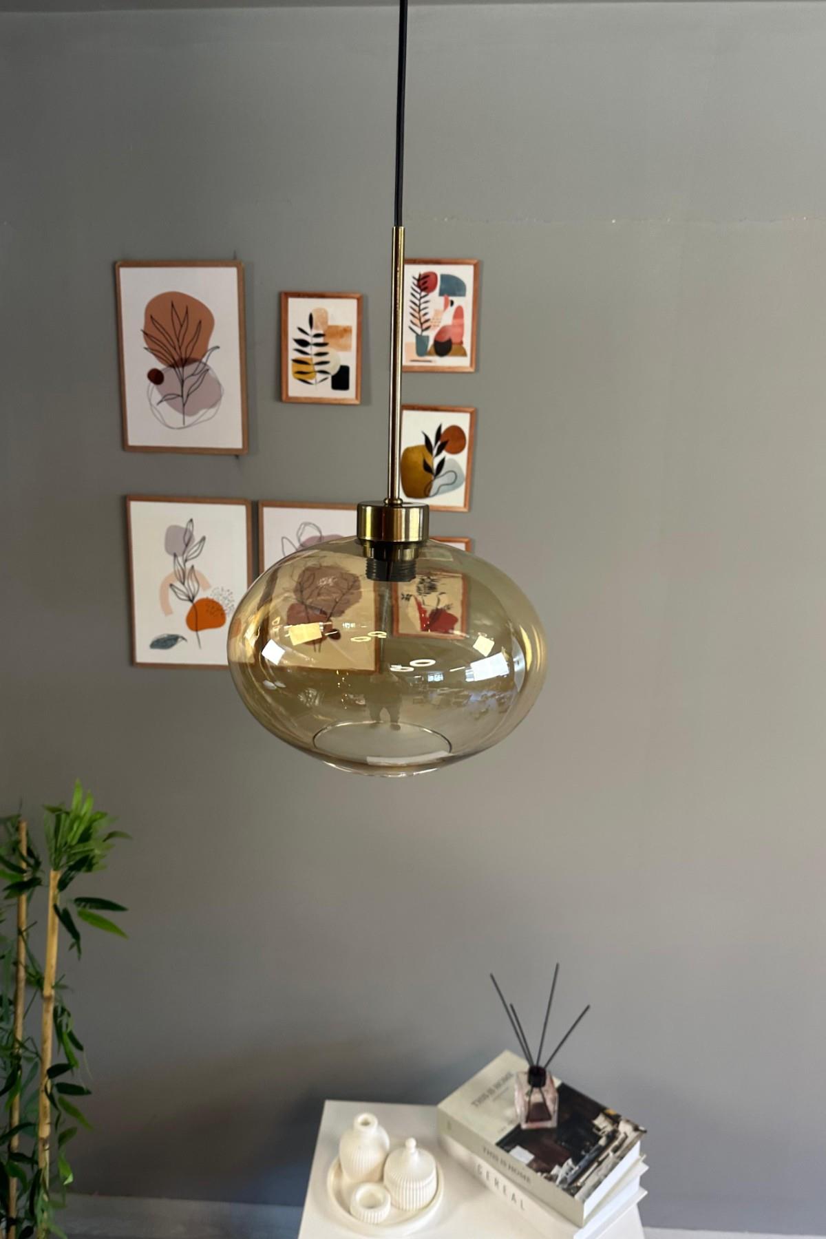 Solvia Cam Bal Rengi Tekli Avize İnce Eskitme Başlık Retro Sarkıt Lamba Salon Aydınlatma