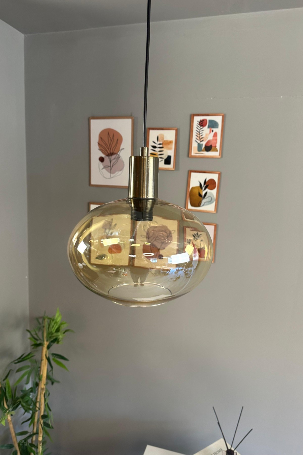 Solvia Cam Bal Rengi Tekli Avize Kalın Eskitme Fener Başlık Retro Sarkıt Lamba Salon Aydınlatma