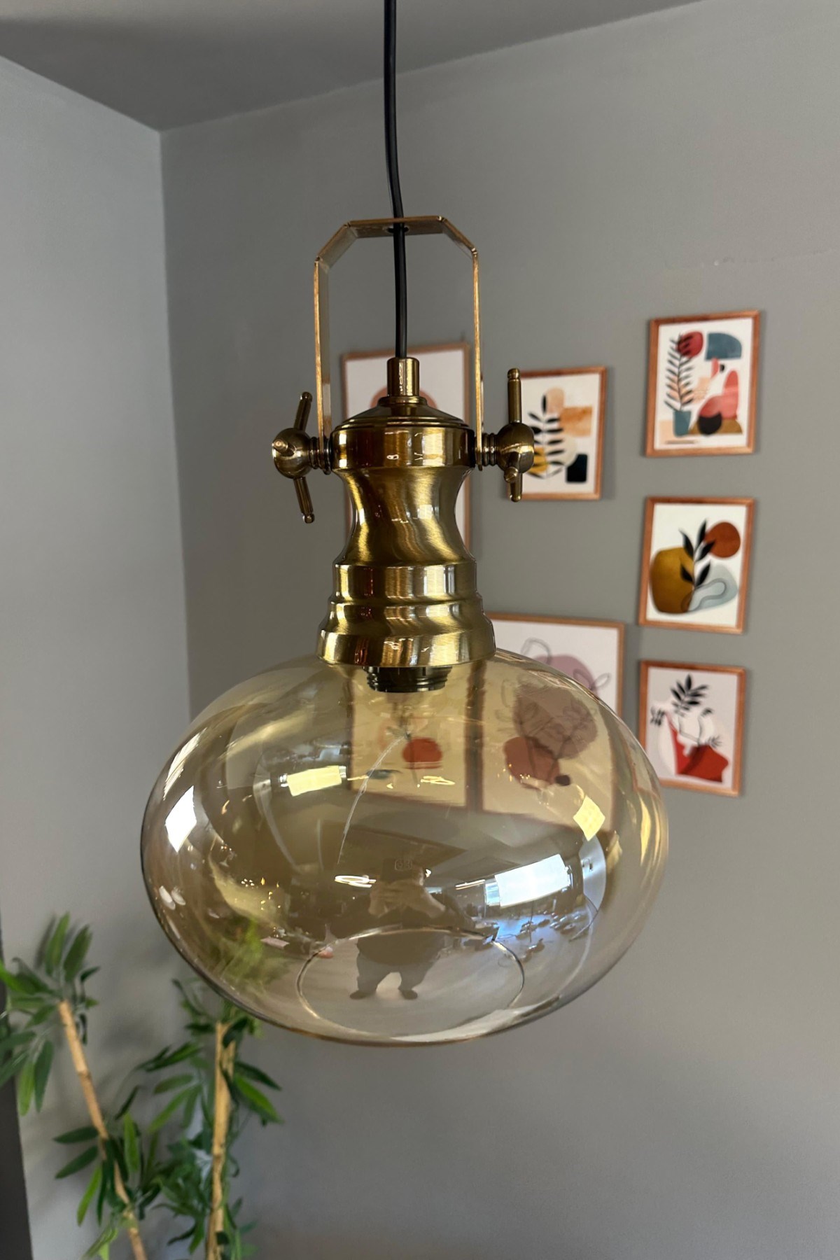 Solvia Cam Bal Rengi Tekli Avize Retro Sarkıt Lamba Salon Aydınlatma