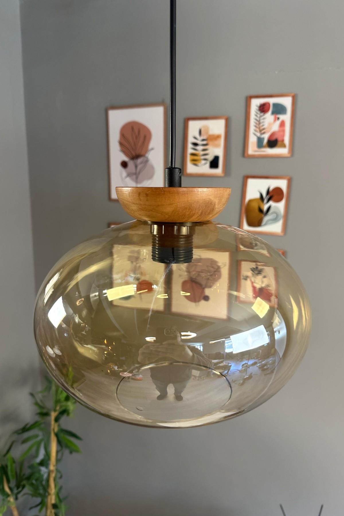 Solvia Cam Bal Rengi Tekli Avize Tabak Ahşap Başlık Retro Sarkıt Lamba Salon Aydınlatma