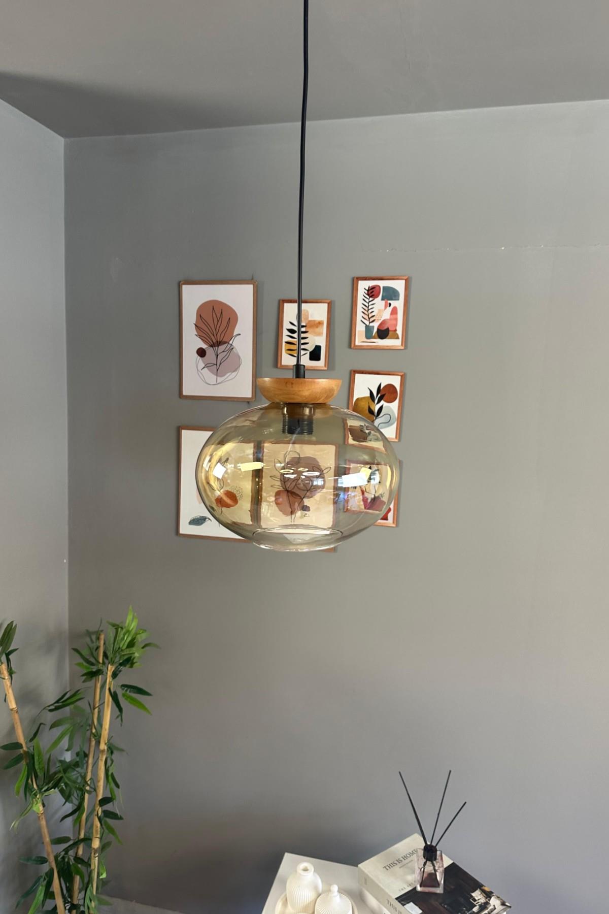 Solvia Cam Bal Rengi Tekli Avize Tabak Ahşap Başlık Retro Sarkıt Lamba Salon Aydınlatma