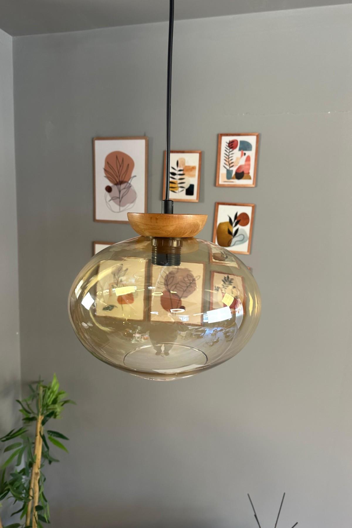 Solvia Cam Bal Rengi Tekli Avize Tabak Ahşap Başlık Retro Sarkıt Lamba Salon Aydınlatma