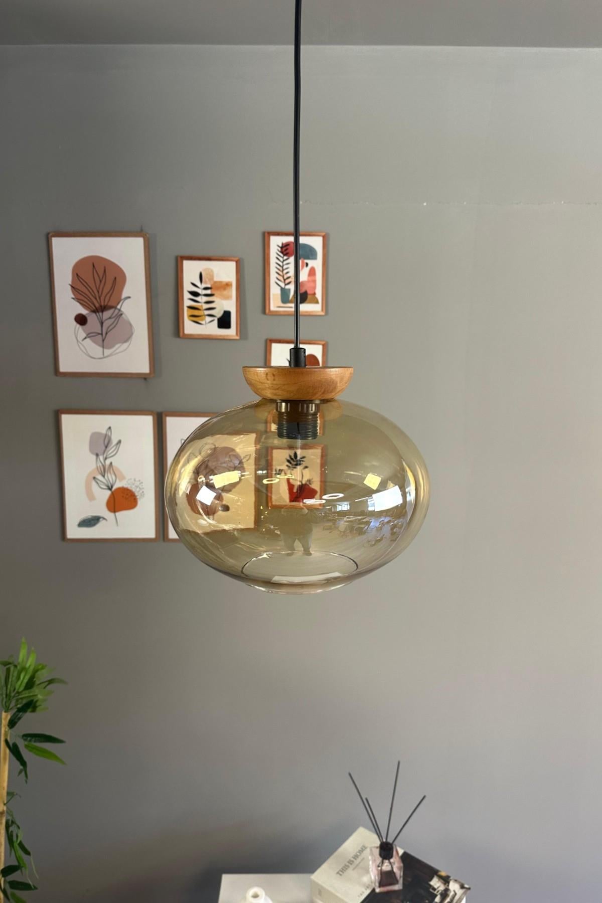Solvia Cam Bal Rengi Tekli Avize Tabak Ahşap Başlık Retro Sarkıt Lamba Salon Aydınlatma