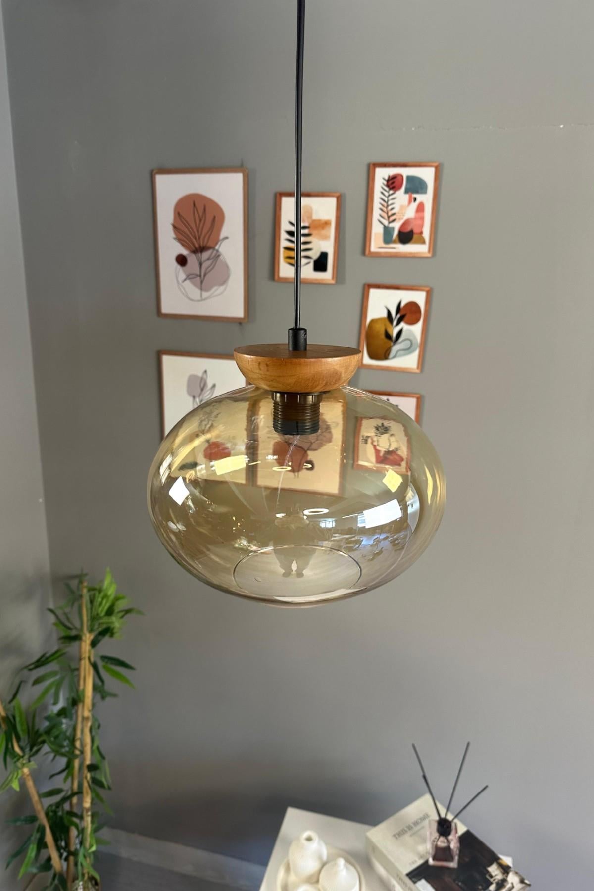 Solvia Cam Bal Rengi Tekli Avize Tabak Ahşap Başlık Retro Sarkıt Lamba Salon Aydınlatma