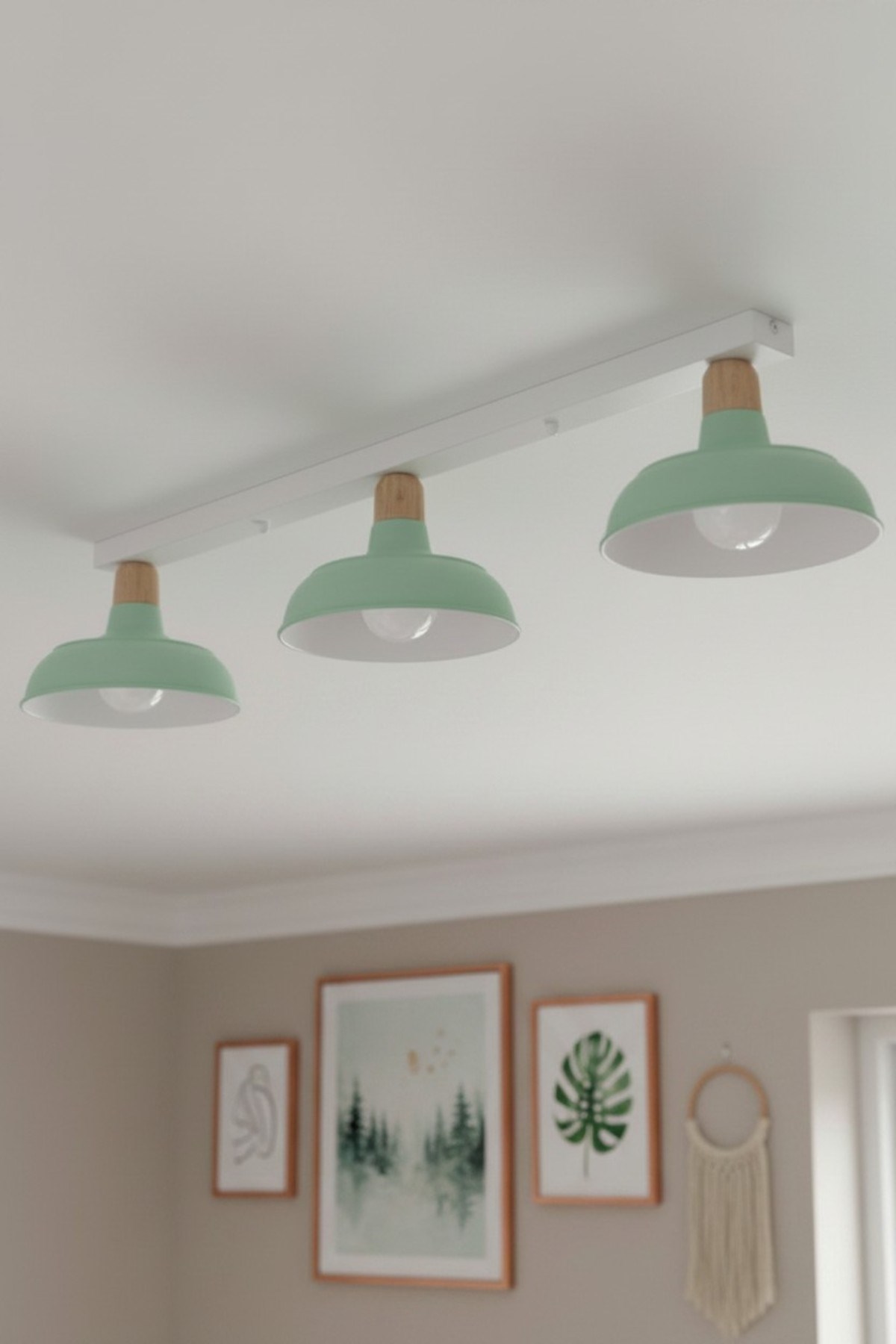 Veluna Mint Üçlü Plafonyer Kalın Ahşap Başlık Tekli Retro Restoran Salon Aydınlatma