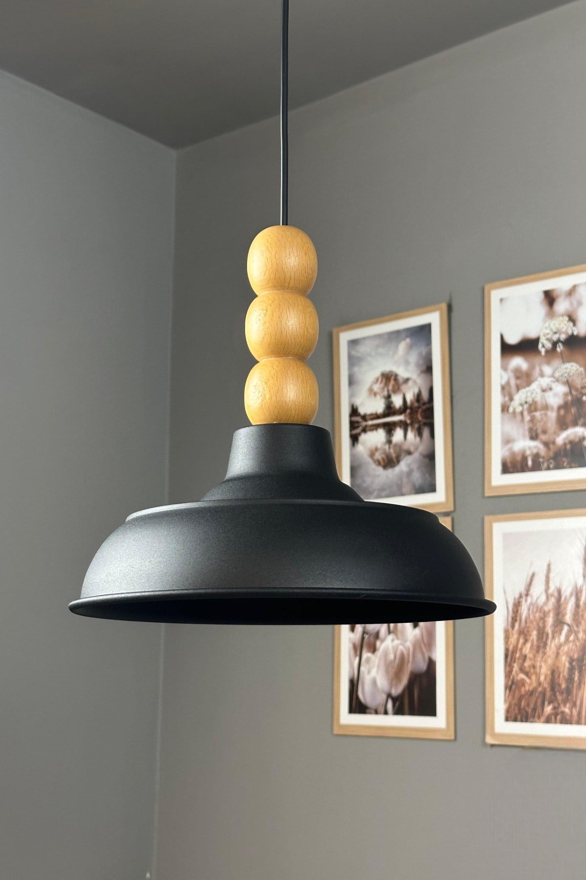 Veluna Siyah Ahşap Üç Boncuk Başlık Avize Retro Sarkıt Ofis Showroom Salon Mutfak Avizeleri