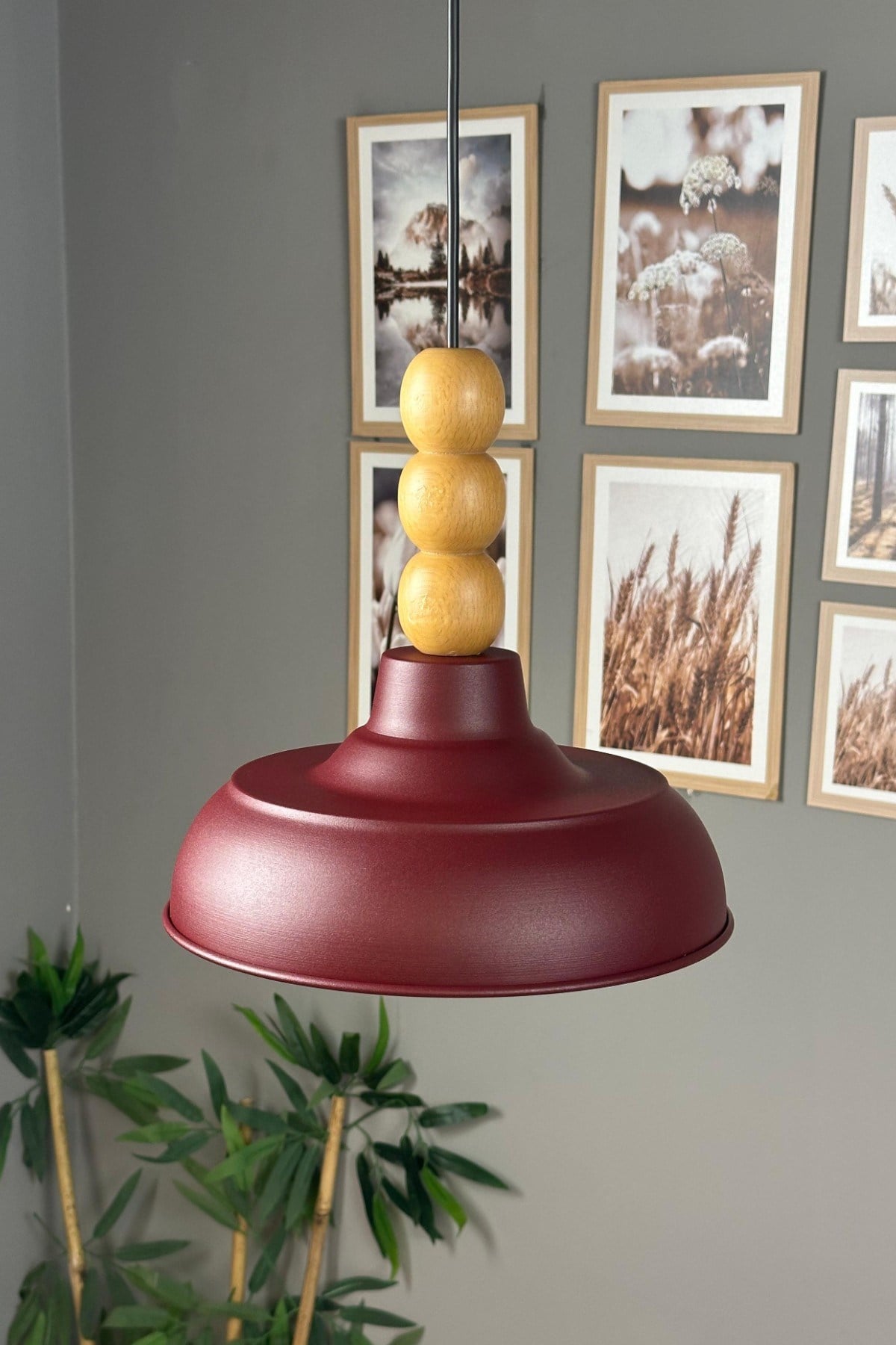 Veluna Vişne Çürüğü Ahşap Üç Boncuk Başlık Avize Retro Sarkıt Ofis Showroom Salon Mutfak Avizeleri