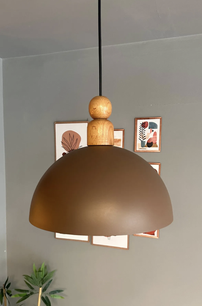 Yimpi Sütlü Kahve Kalın Ahşap Boncuk Başlık Avize Tekli Sarkıt Salon Dekoratif Aydınlatma Pastane