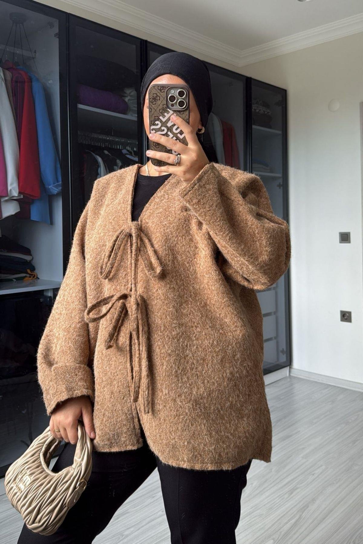 Kadın Camel Önü Bağlamalı Kırçıllı Ceket