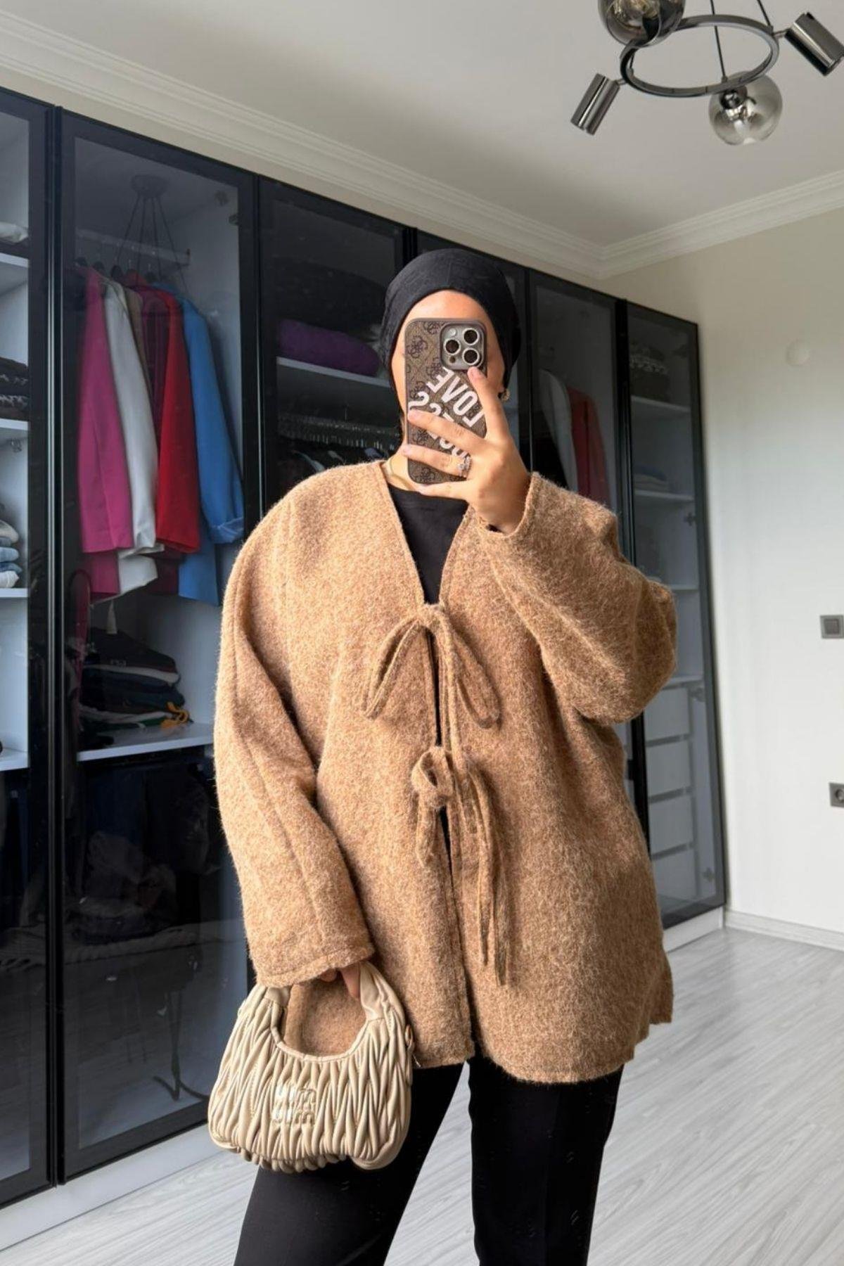 Kadın Camel Önü Bağlamalı Kırçıllı Ceket